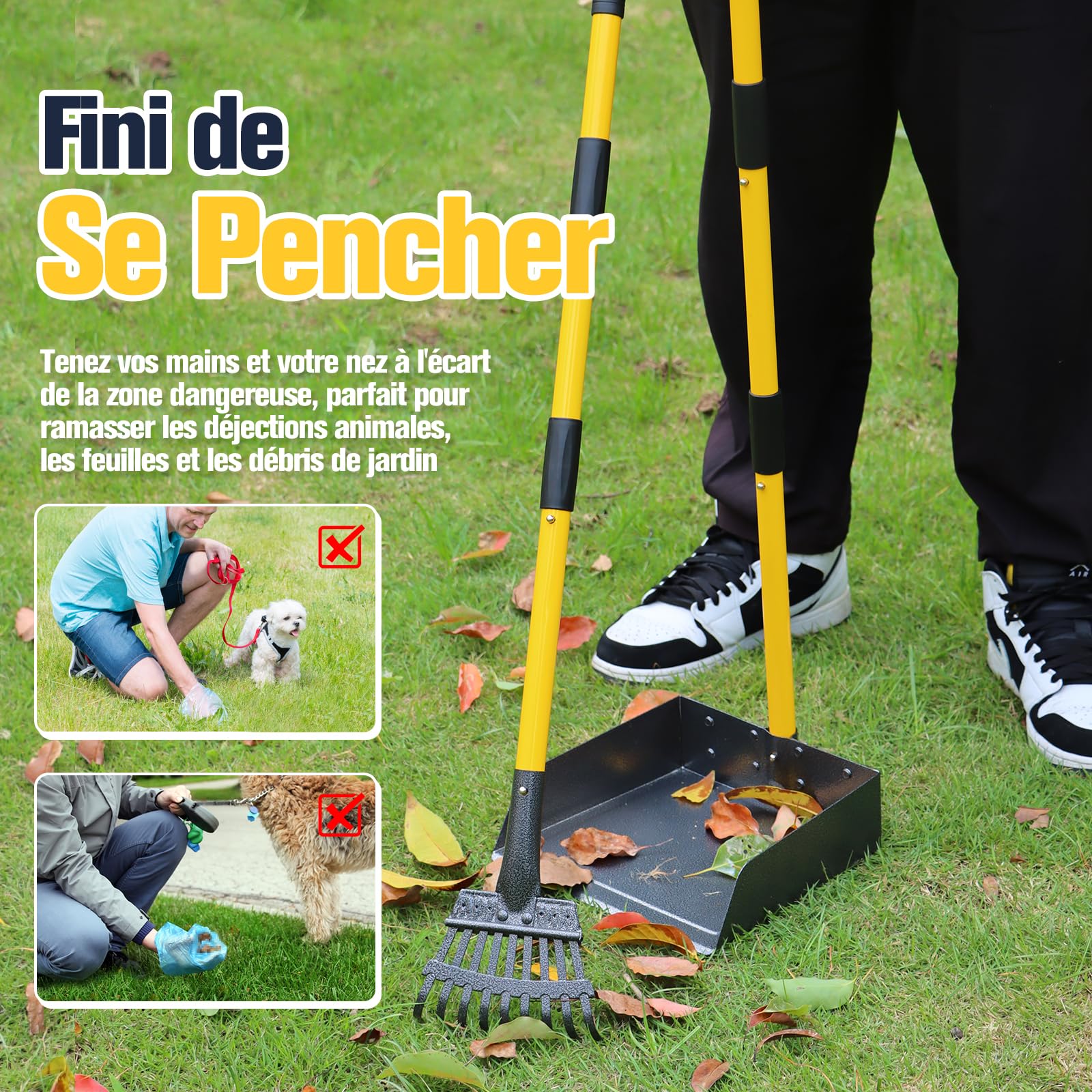 Ramasse-Crottes, Plateau, RâTeau & Pelle pour Chien avec Long Manche MéTal Ajustable, Pelle Crotte Robuste avec Sacs à DéChets pour la Cour, Les Promenades, l'herbe et Les Feuilles de Jardin