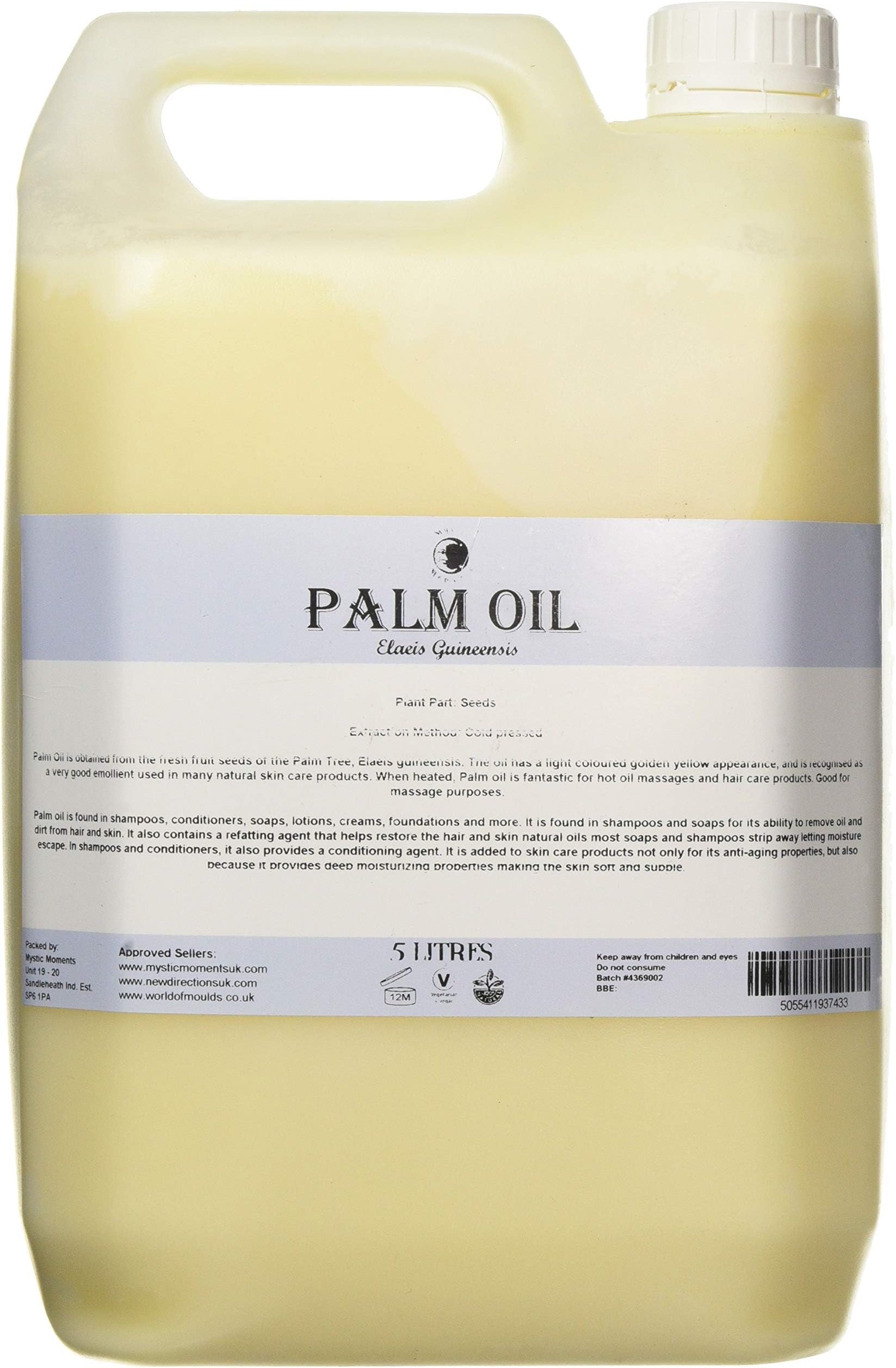 Mystic Moments| Palm Carrier Oil 5 Litres | Elaeis Guineensis | Moisturising Skin & Hair Care Treatment | Ideal for Soap Making, Massage & Cosmetic Formulations | Rich Conditioning Carrier