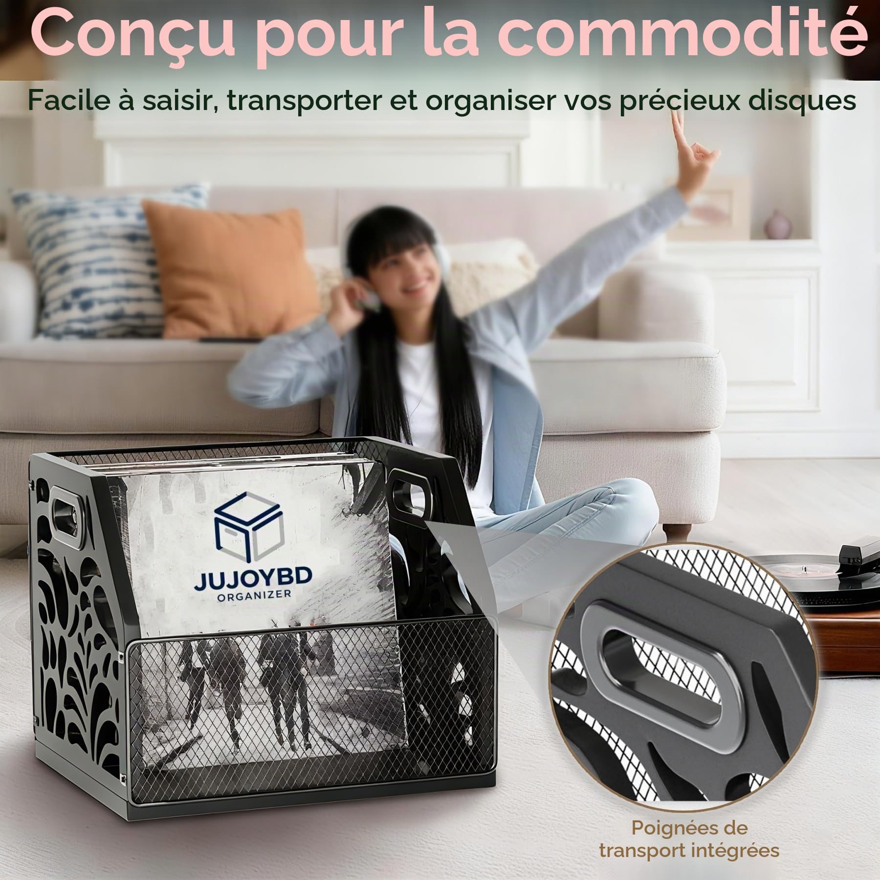 Support de rangement en vinyle pour disques vinyles et plus de 70 LPs, albums, CD, magazines, livres, journaux, design décoratif, noir
