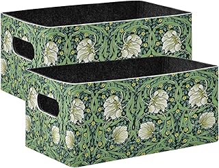 William Morris White Flowers, Yellow Flowers, Green Foliage Leaves 2 PCs Rectangle Foldable Felt Storage Bin, Collapsible Cube with Handles Thick Fabric Box Organizer Clothes Supplies for Home