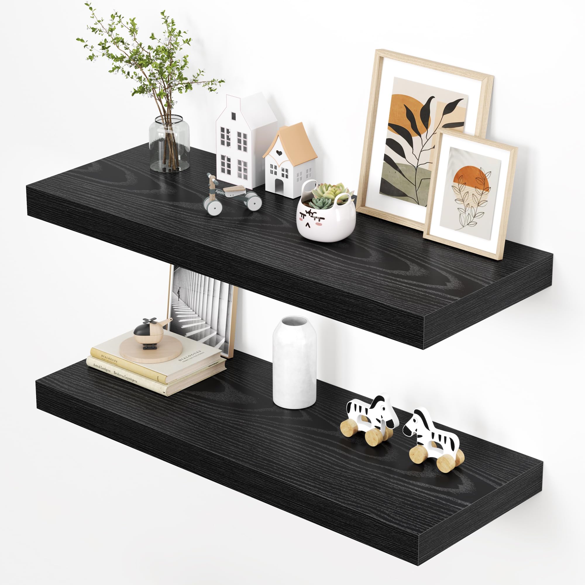 Dreamland 36" Floating Shelves for Wall, 12" Deep Thicker Black Floating Shelves, Wall-Mounted Shelves for Bedroom, Living Room, Kitchen, Bathroom - Set of 2