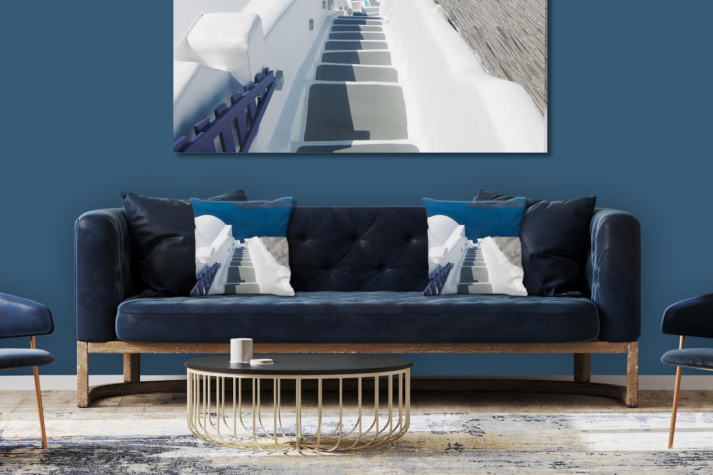 Santorin 1 - Foto-Kissen-Hülle Set (2 STK.) 40 x 40 cm | Kissen-Bezüge - passend zu Wandbild - Deko-Kissen - Griechenland Treppe Meer Insel