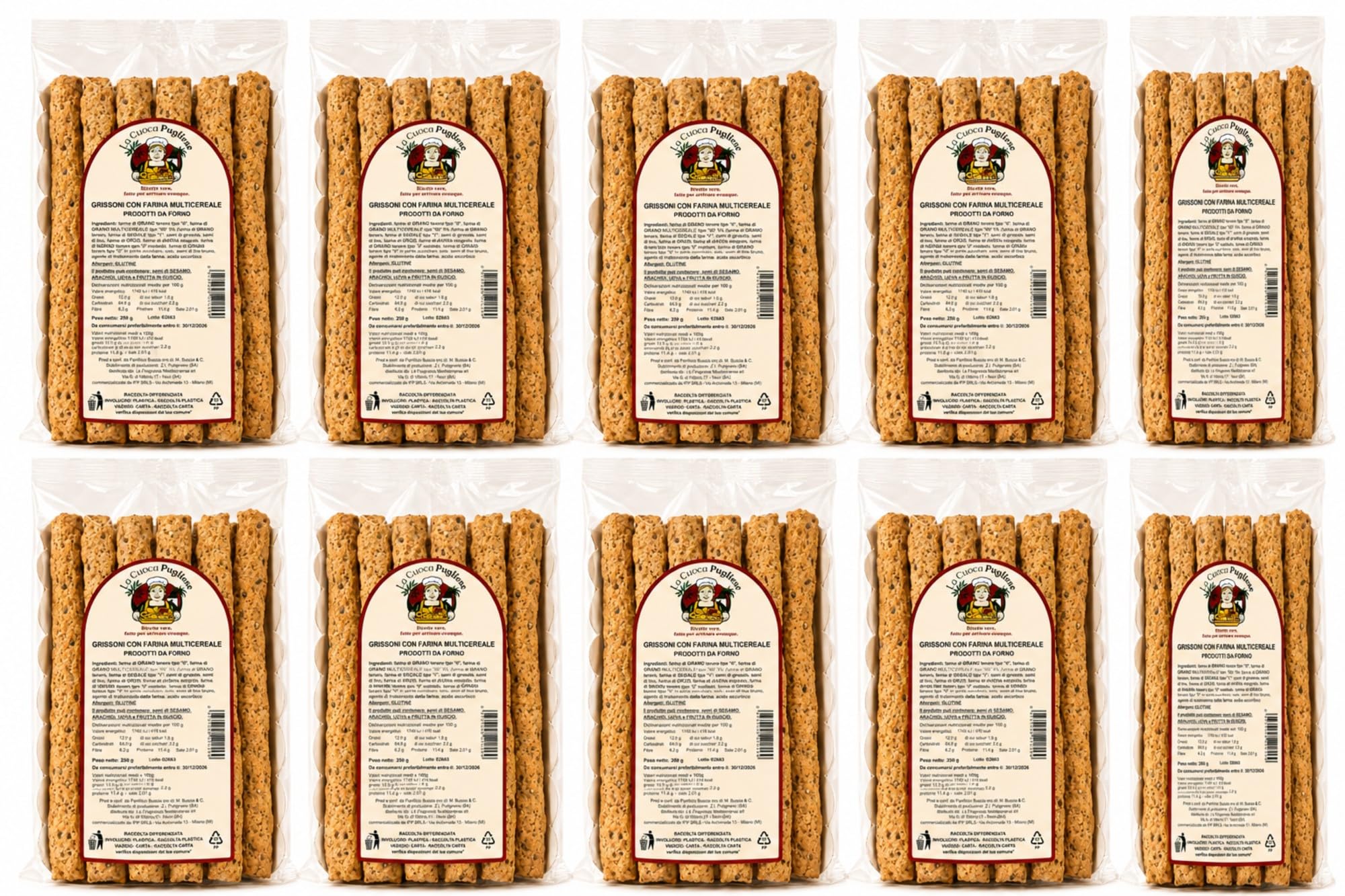 La Cuoca Pugliese - Grissoni Multicereali Artigianali, grissini croccanti con farina multicereale e semi, snack salato da forno, 10 confezioni da 250 g