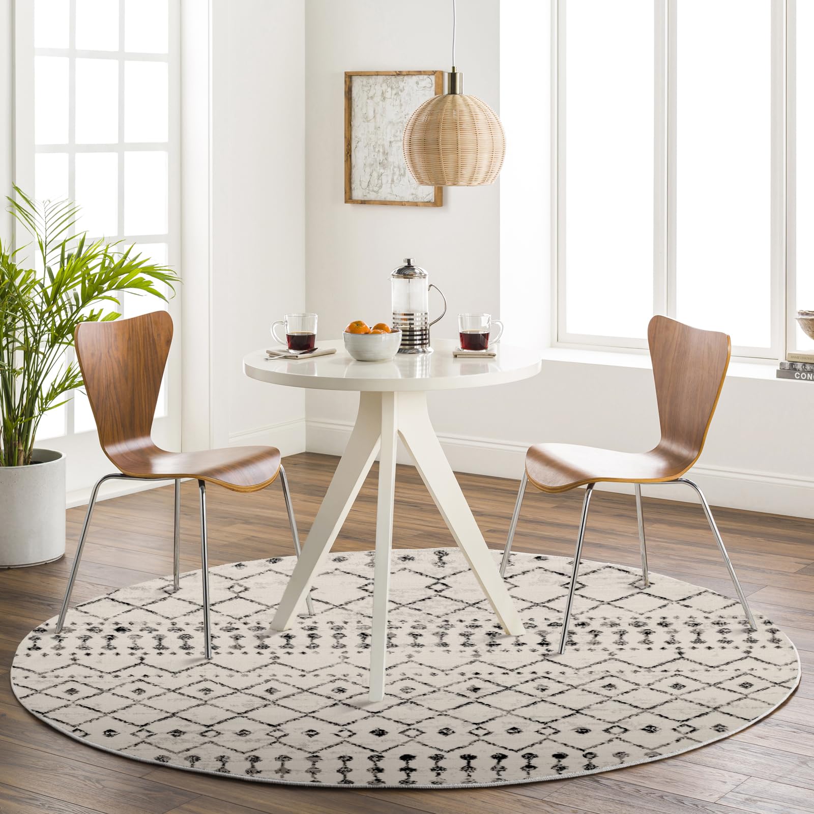 Livabliss Leonor Abu Dhabi Geometric Carpet 160 cm Round – Scandi Abstract Boho Style for Living Room, Dining & Kitchen, Easy Care Pile Floor Covering, Ivory Grey Black