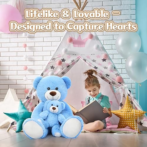 Miniatura 5 de MorisMos Oso de Peluche Gigante para Mamá y Bebé, 39 pulgadas Osos de Peluche Grandes Suaves Animales de Peluche para Baby Shower, Cumpleaños, Azul