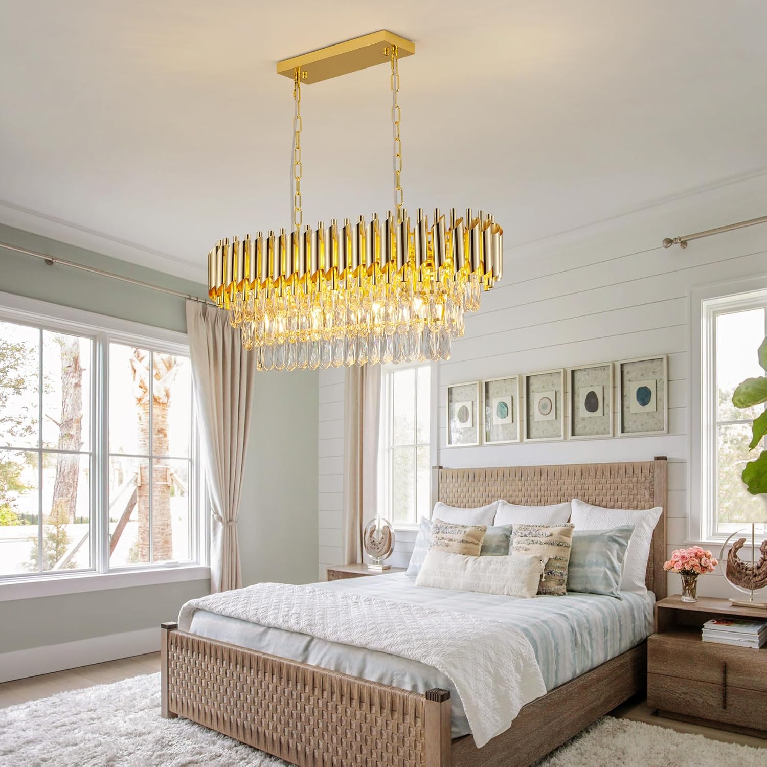 Gold Crystal Chandelier, Modern Oval Island Chandelier, Luxury K9 Crystal Kitchen Pendant Light L30.3 x H12.6 Glam 3-Tier Light Fixture for Dining Room, Living Room, Over Dining Table