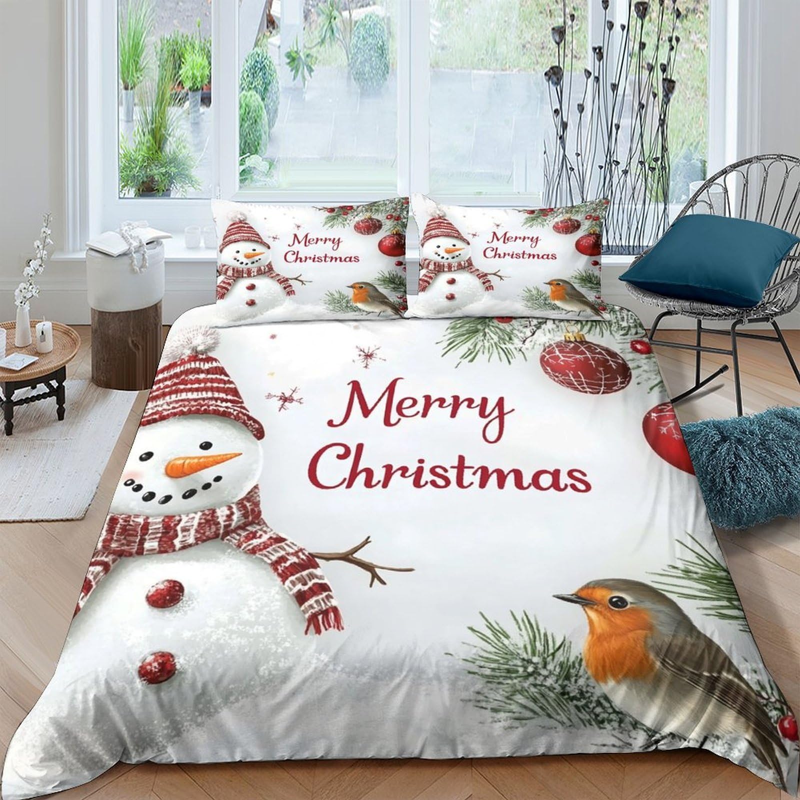 Ctjqhvkz Style-7 3D Printed Snowman Christmas Fitted Sheet Microfiber Soft Red Robin Bed Cover For Bedroom Guest Room Festive Decor Single（135X200cm）