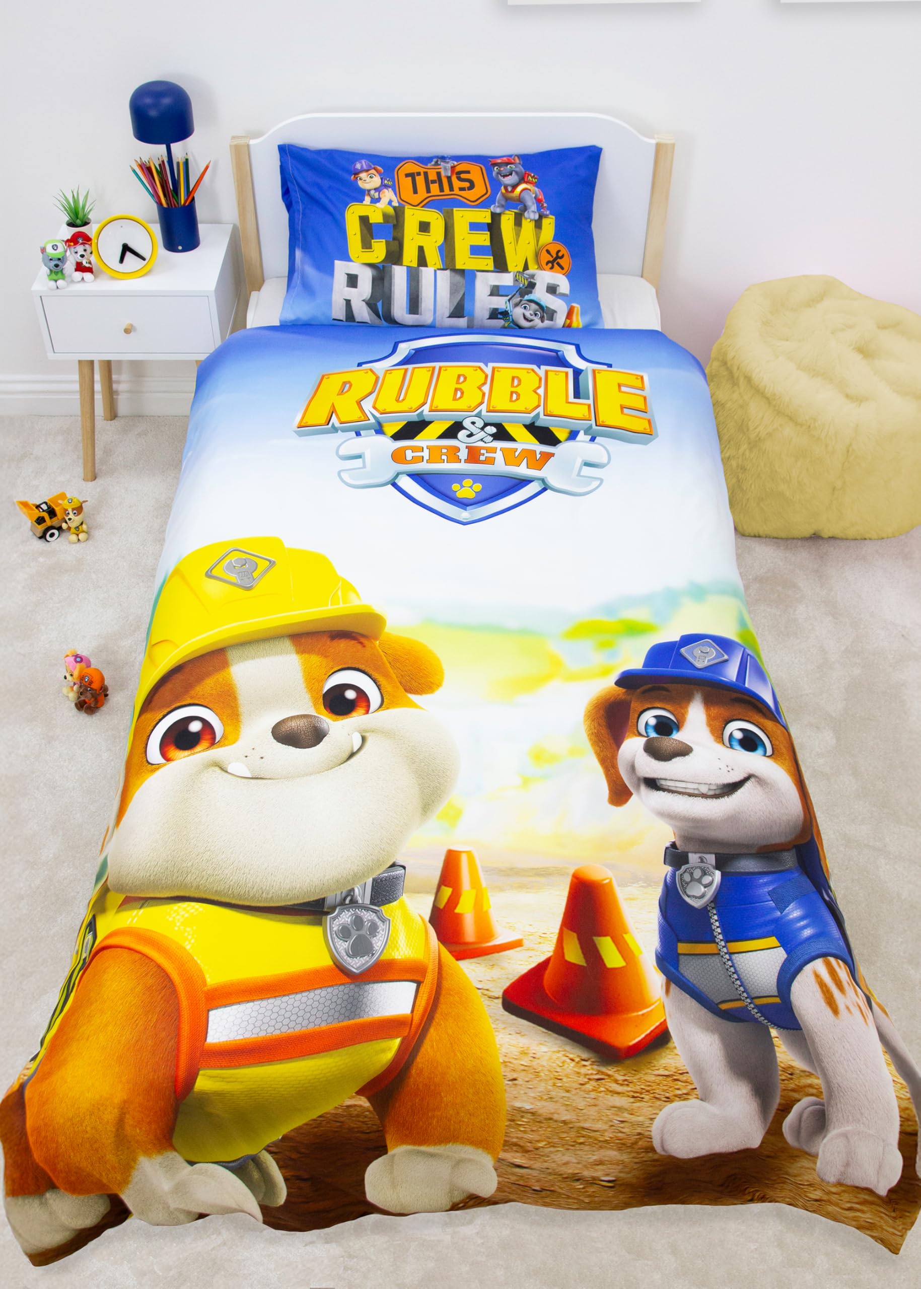 PAW PATROL offiziell lizenziert Rubble und Crew Design einzelne Bettbezug Set | Reversible 2-seitige Hund Bettwäsche einschließlich passender Kissenbezug | Perfekt für Kinder-Schlafzimmer