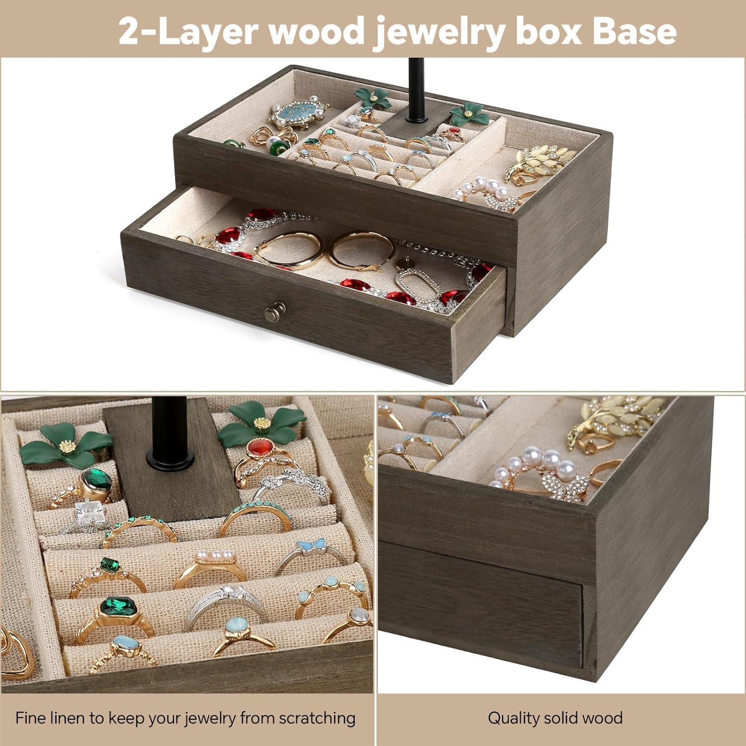 Meangood Jewelry Organizer Stand, 3-Tier Necklace Holder Jewelry Tree with Wooden Storage Drawer Box for Necklace Bracelet Earring Ring, Carbonized Black - Image 6