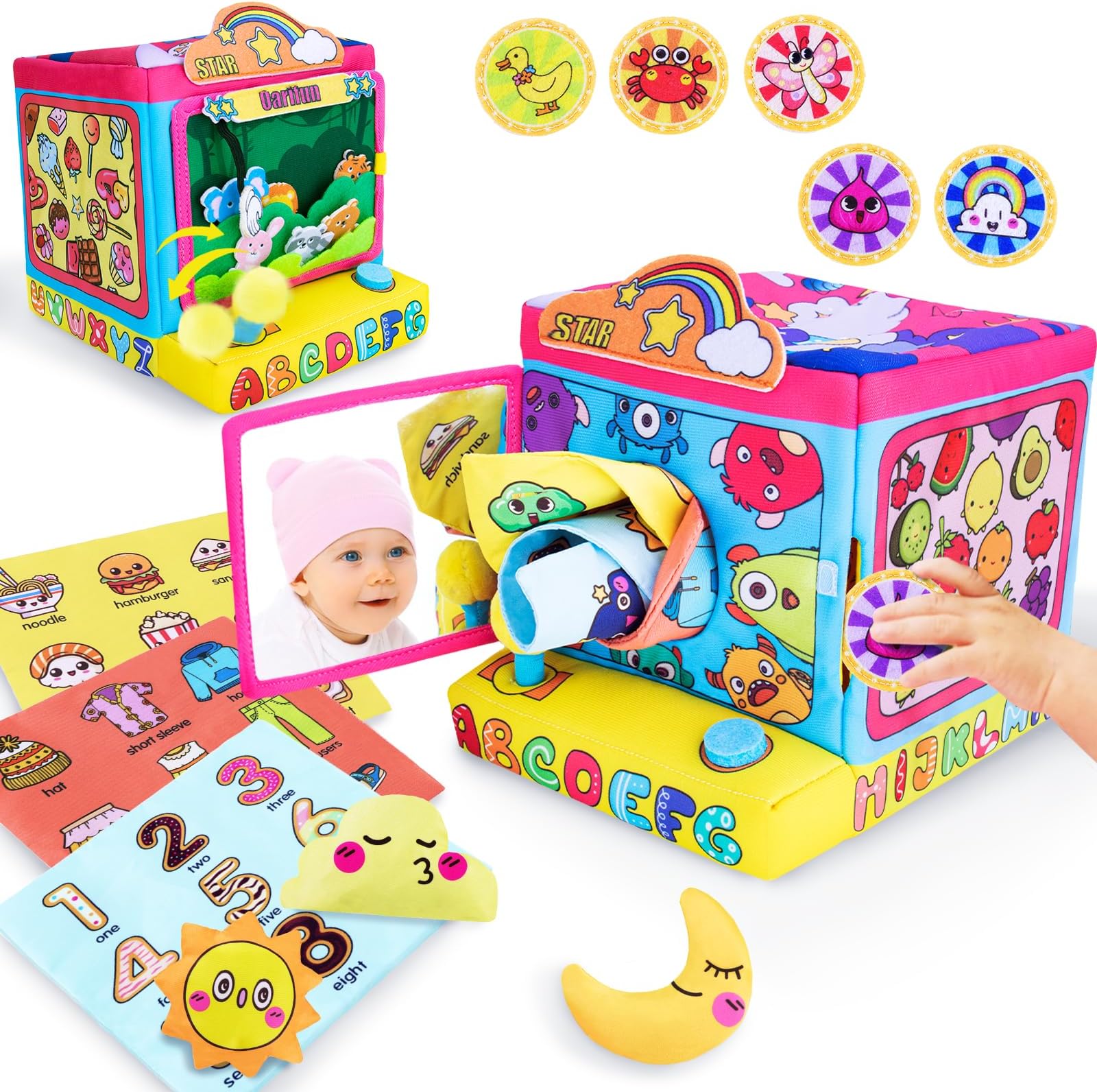 teytoySurprise Baby Tissue Box Toys, Soft Montessori Tissue Box Toys, Coins Toys, Interactive Toys Set with Bean Bags, Crinkle Paper, Mirror, Early Learning Toys Fine Motor Skills Baby Boy Girl Gift