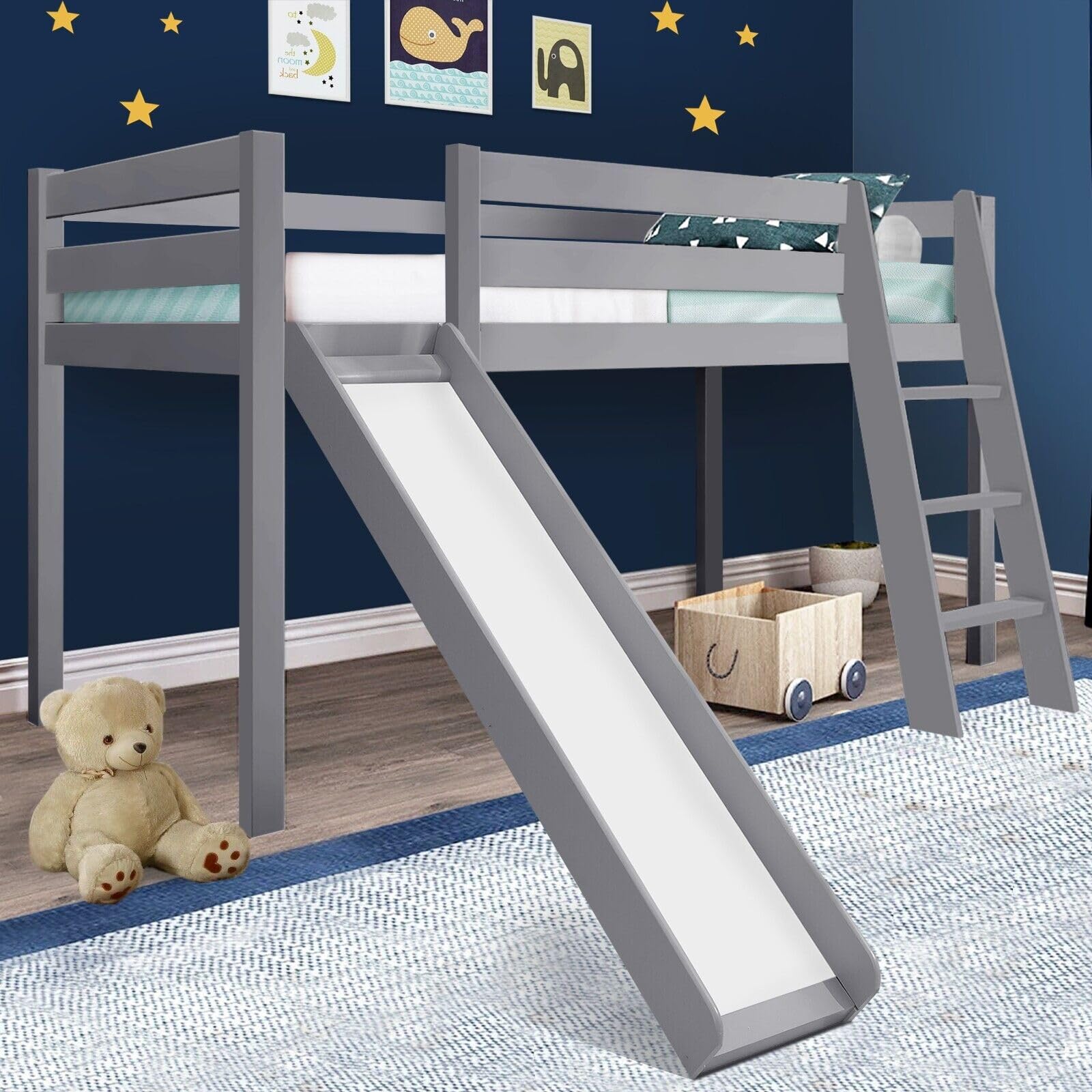 Bunk Beds For Kids, 3ft Single Bunk Bed, Mid Sleeper Beds For Kids, Cabin Bed Solid Pine Wood Single Bed Frame With Slide, Loft Bed Sleeper For Children, Grey 198(L) X 97(W) X 110cm(H)