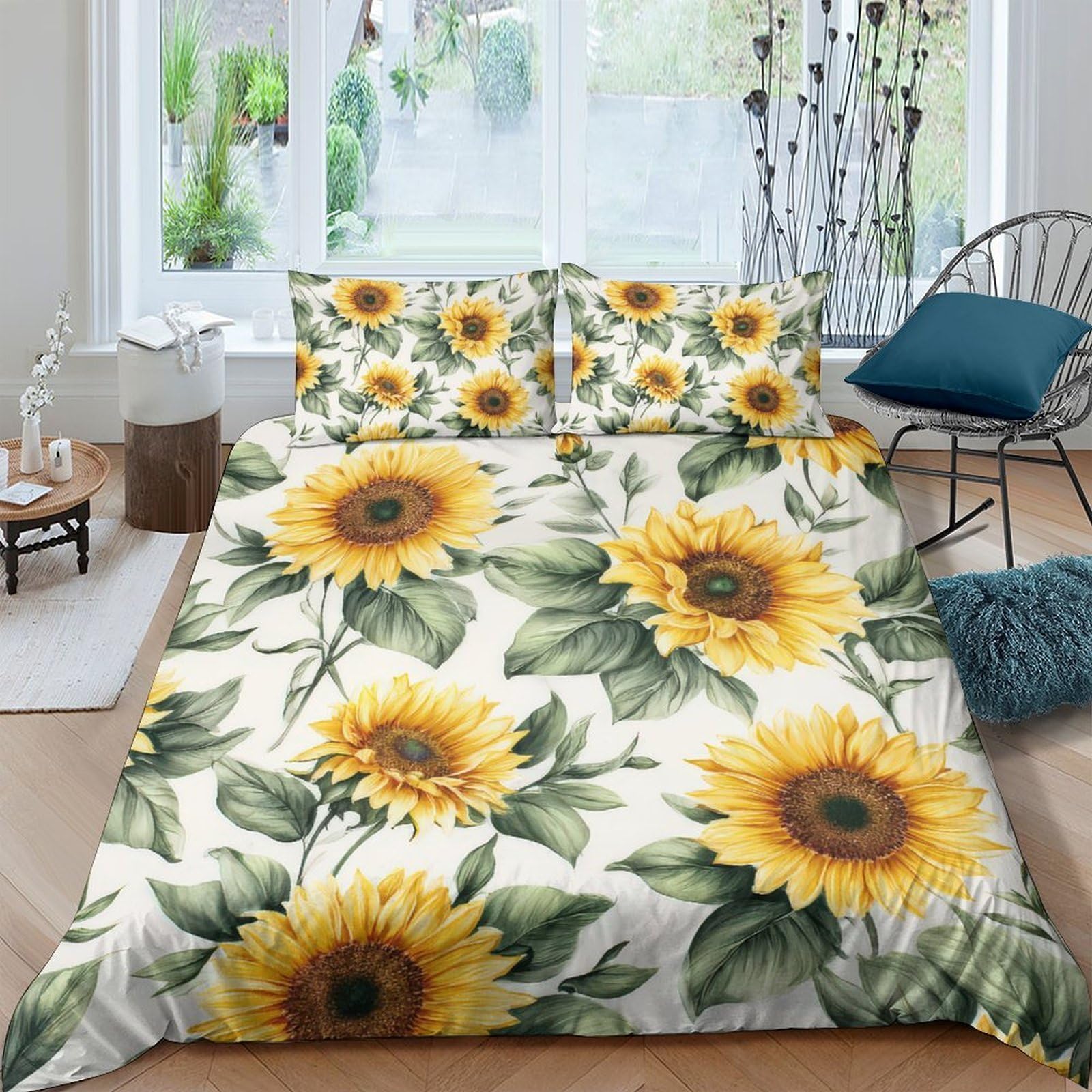 GPLZQXKJNH 3D Printed Sunflower Duvet Cover Set Microfiber Soft Floral Bedding Set with 2 Pillowcases for Bedroom Decor Single（135x200cm）