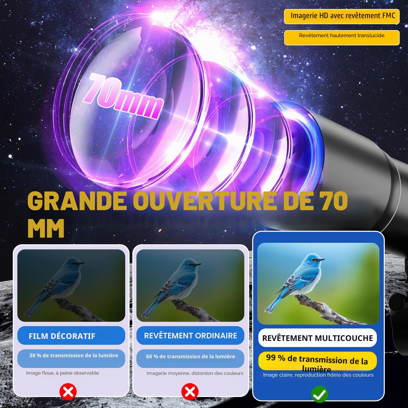 Télescope Astronomique Adulte Enfant, 500/70mm, 200x Lunette Astronomique Réfracteur avec Adaptateur de Téléphone Trépied et Filtre Lune et Chercheur pour Débutants Enfants et Amateurs pour Observer