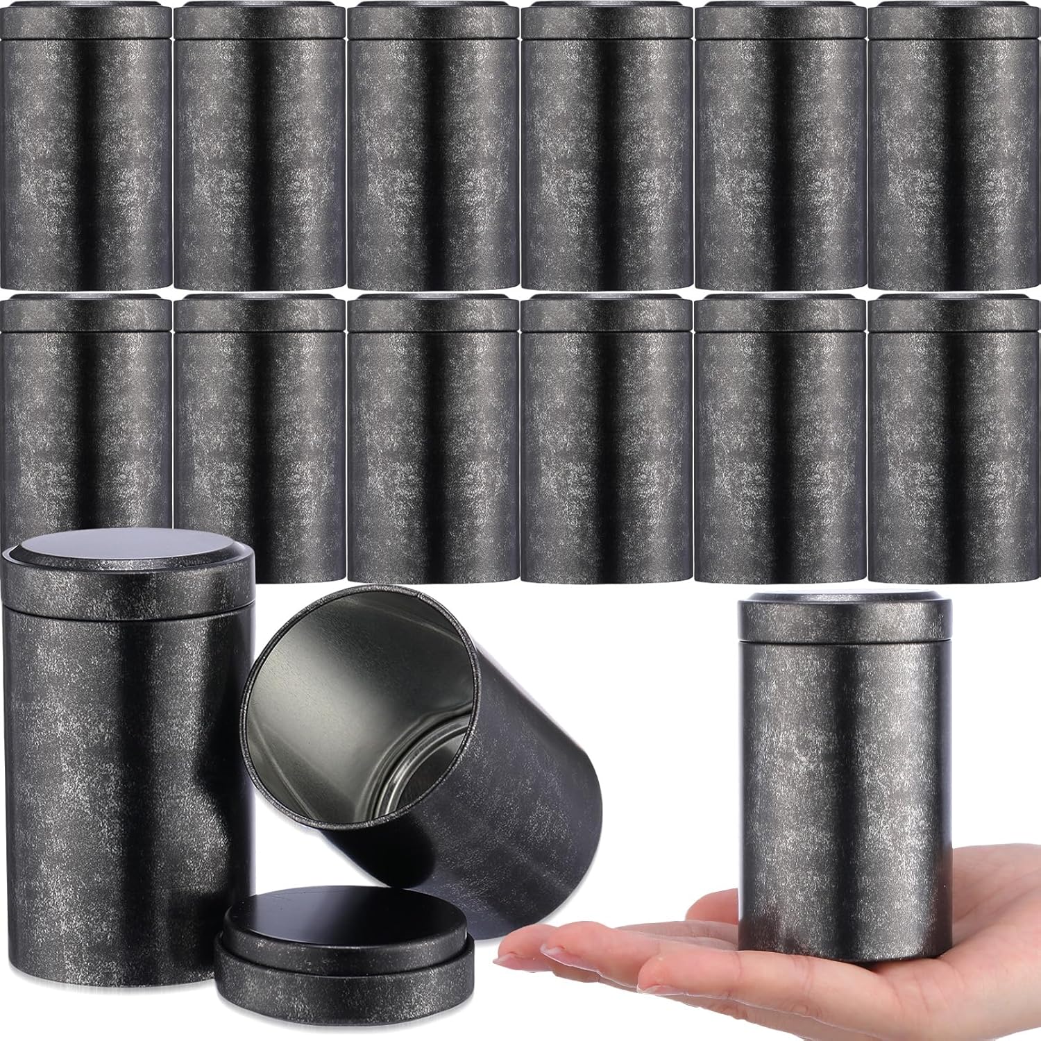 meekoo 18 Pcs Tea Tins Canister for Loose Tea 6 oz Airtight Tea Tins Bulk with Lids Small Round Tea Storage Tin Tea Containers for Tea Business Coffee Cans Candy Spices Herbs Kitchen(Black)