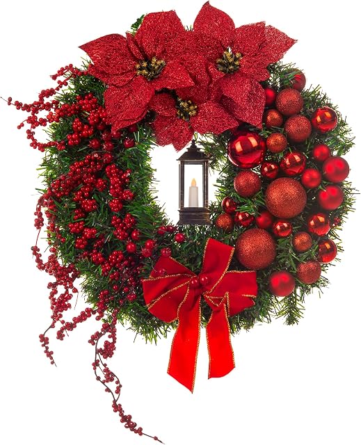 Christmas Village 40cm Holly Wreath With Bows, Baubles And Lantern  Perfect for Hanging on Wall, Door, Window, Conservatory - Festive Decoration Christmas, Holiday, Decor (Red)