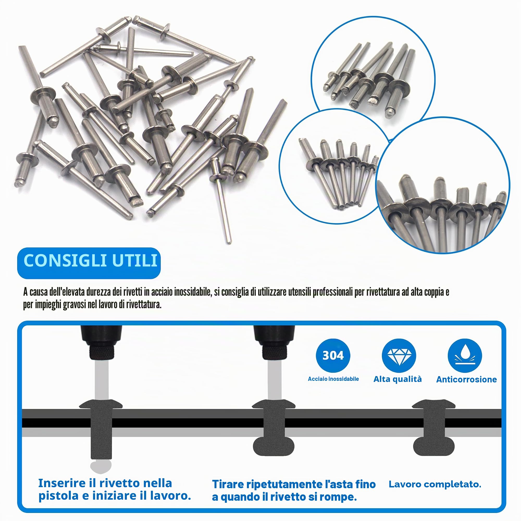 Kit di 180 Rivetti Ciechi, Rivetti Pop in Acciaio Inossidabile 6 Misure Kit Assortimento Rivetti 3,2mm 4mm 4,8mm