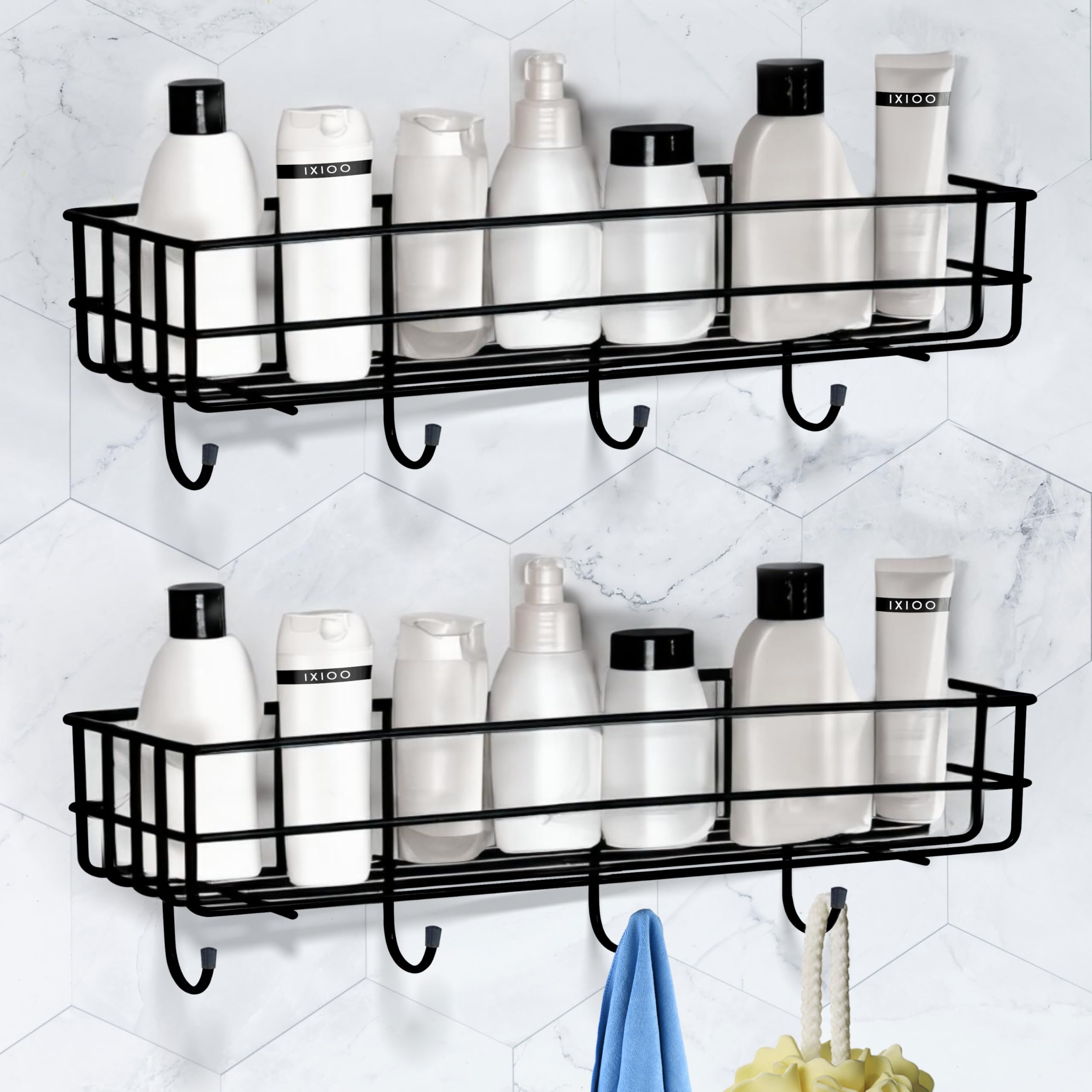 Shynora 2-Pack Self Adhesive Bathroom Kitchen Storage Shelf Rack Wall Mounted Bathroom Accessories with 4-Towel Holder Hooks with Black Matt Finish Stainless Steel (Black), Floating Shelves (B0CF9KCS7R) Amazon Price History, Amazon Price Tracker