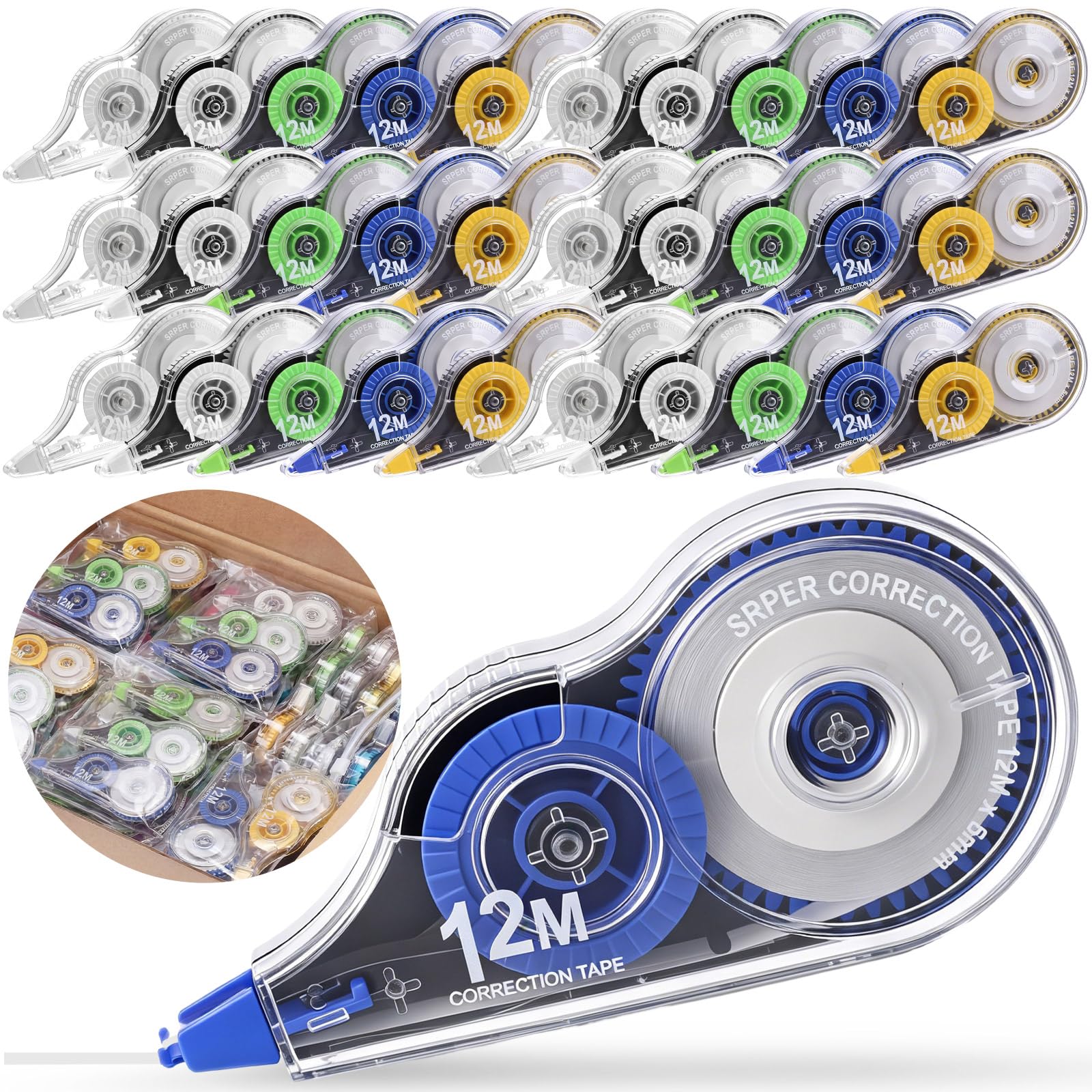 AmazingSpark 100 cintas correctoras blancas a granel, 39.4 pies, resistente al desgarro, aplicador fácil de usar para correcciones instantáneas para notas de oficina escolar, ancho de cinta de 0.2