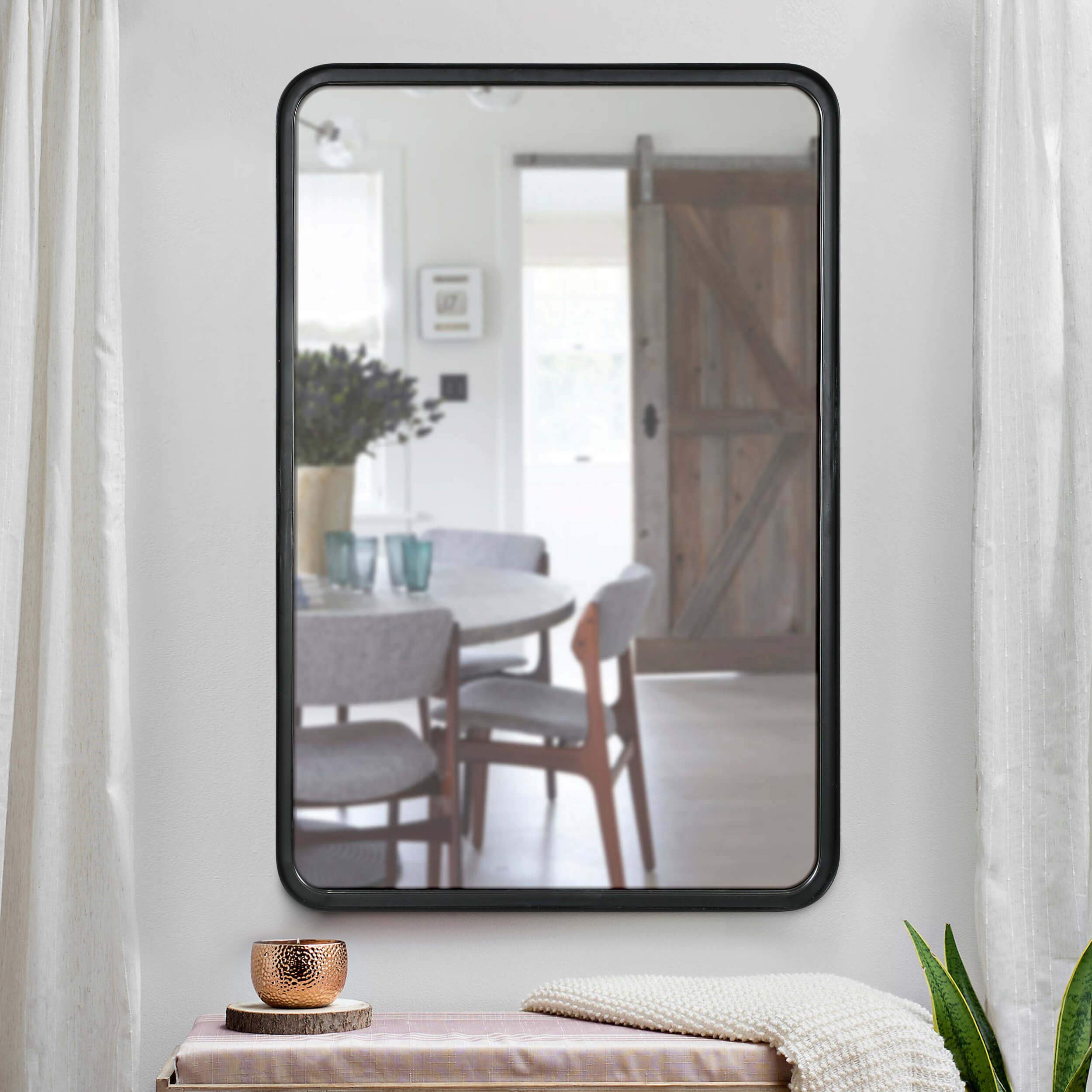 20" x 30" Black Mirror for Wall- Sturdy Metal Black Framed Mirror - Rectangle Mirror with Beautiful Metal Frame for Bathroom, Entryway, Living Room & More! Black Framed Rounded Corner Deep Set Design