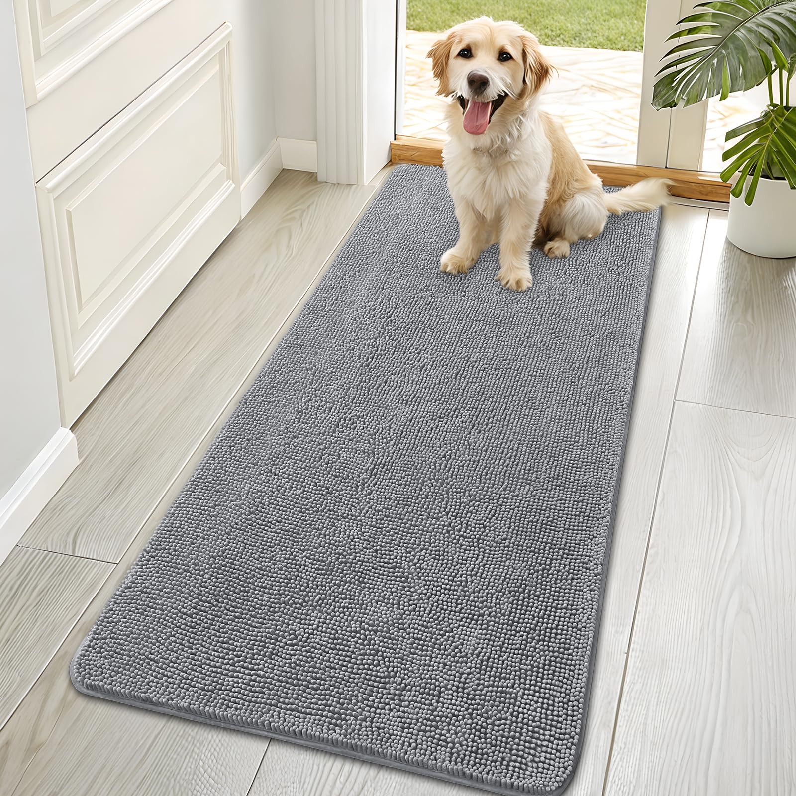 OLANLY Dog Door Mat for Muddy Paws 70x35, Absorbs Moisture and Dirt, Absorbent Non-Slip Washable Doormat, Quick Dry Chenille Mud Mat for Dogs, Entry