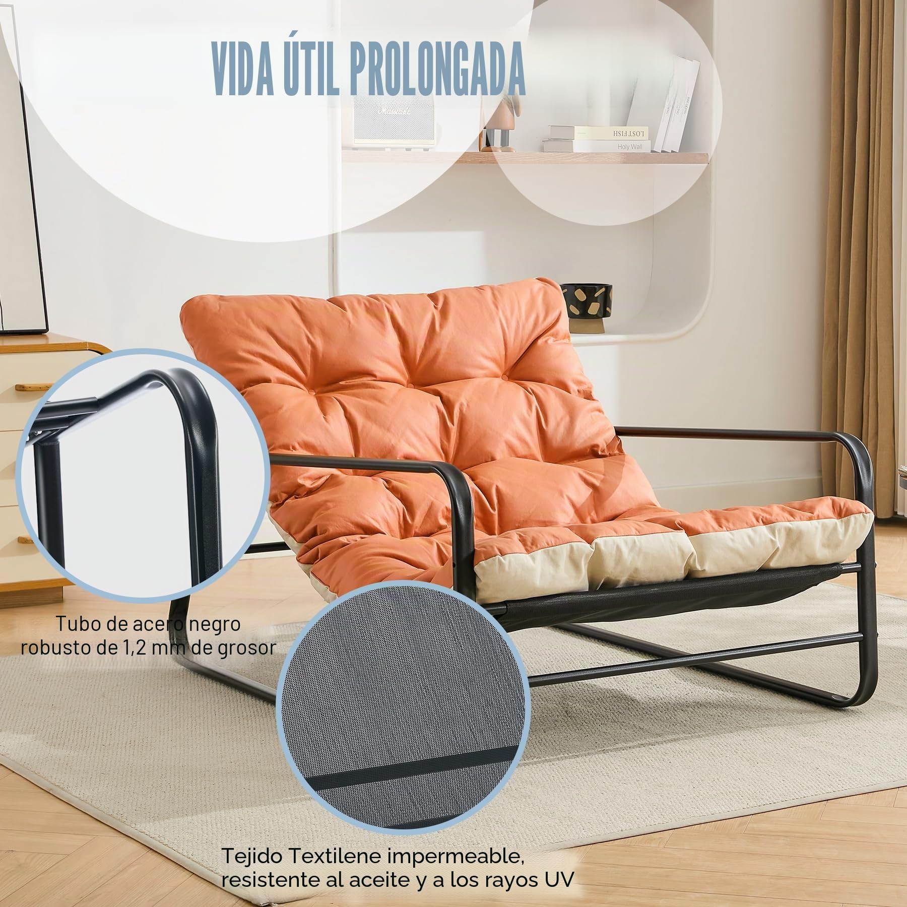 Sillón de salón de jardín con cojín reversible, para jardín, balcón, muebles de acero, acolchado, para 2 personas, para exteriores, para balcón, terraza (naranja+beige)
