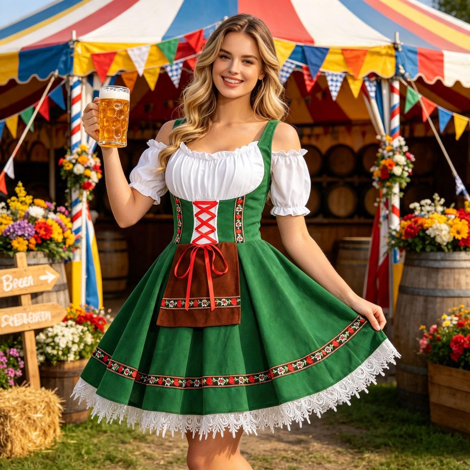 maxToonrain Disfraz de Oktoberfest para mujer, vestido tradicional de cerveza alemana, disfraz de Halloween de manga corta abombada para mujer