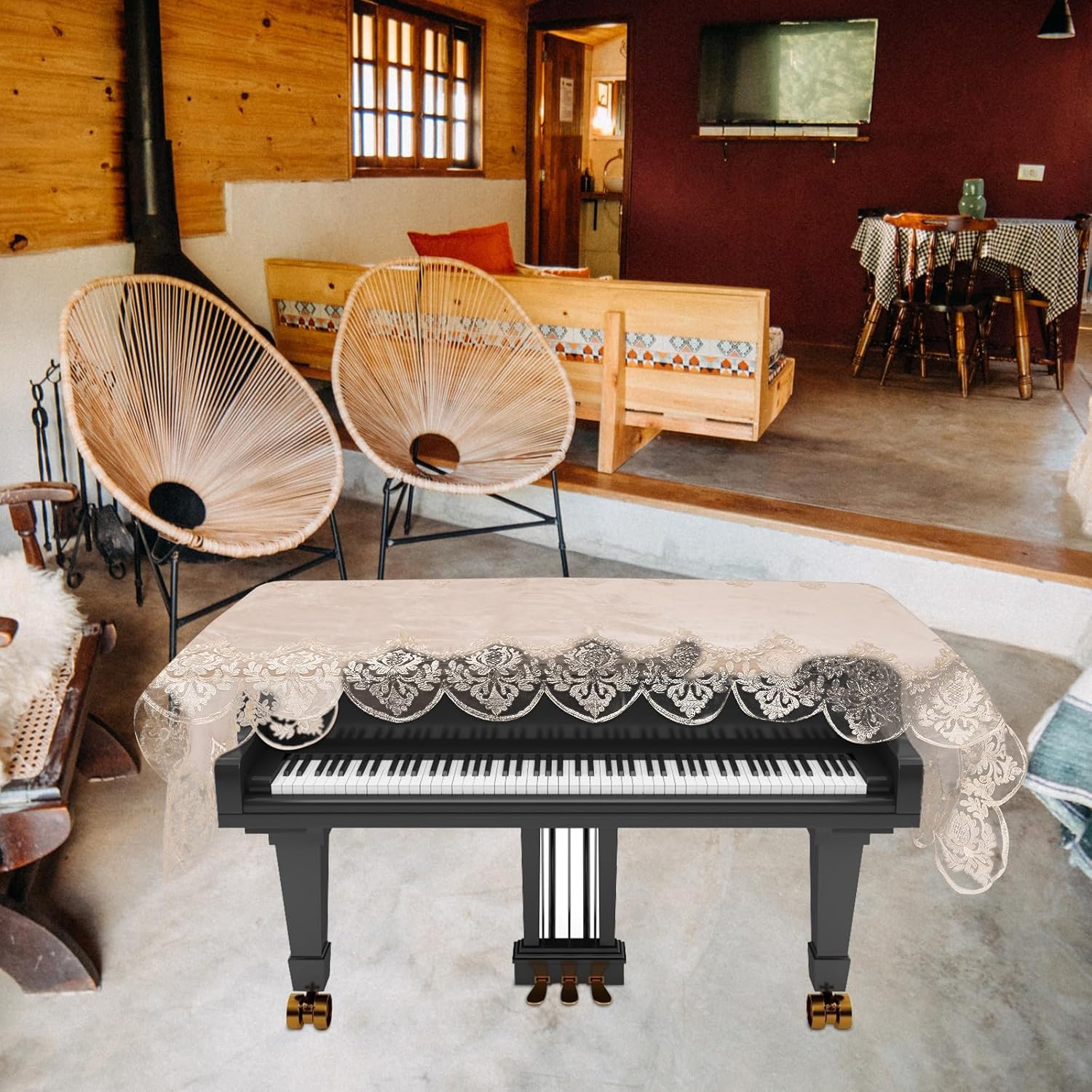 Kisangel Embroidered Lace Piano Cover Dustproof Half Cover for Electronic Keyboard Beige Protective Keyboard Accessory Suitable for Digital and Upright Pianos