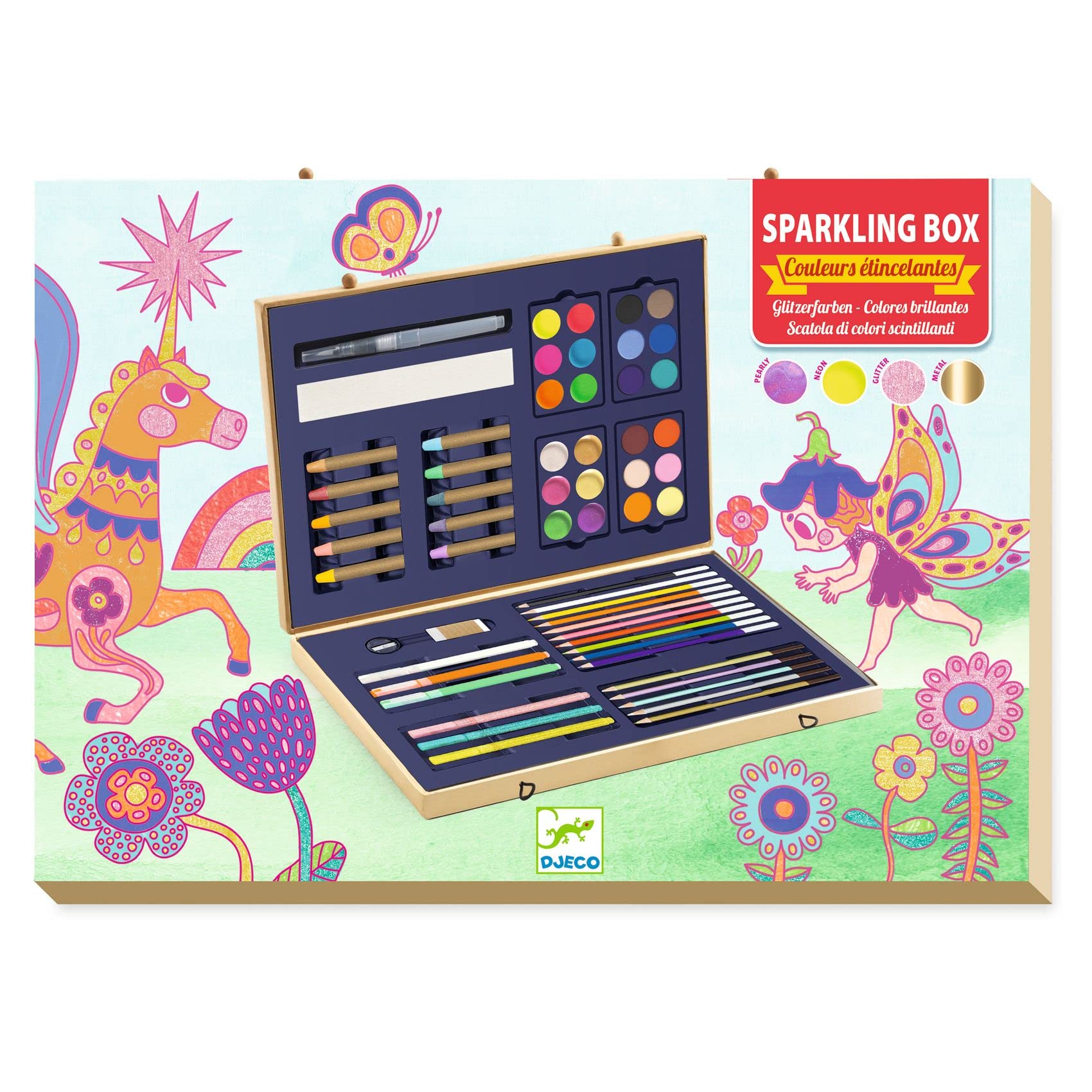 DJECO Coffret Les Couleurs des Grands - Dès 6 Ans - Kit Valise avec Peinture, Feutres, Crayons, Pastels, Stylos & Accessoires - Couleurs Scintillantes - Coloriage & Peinture - Qualité Made in France