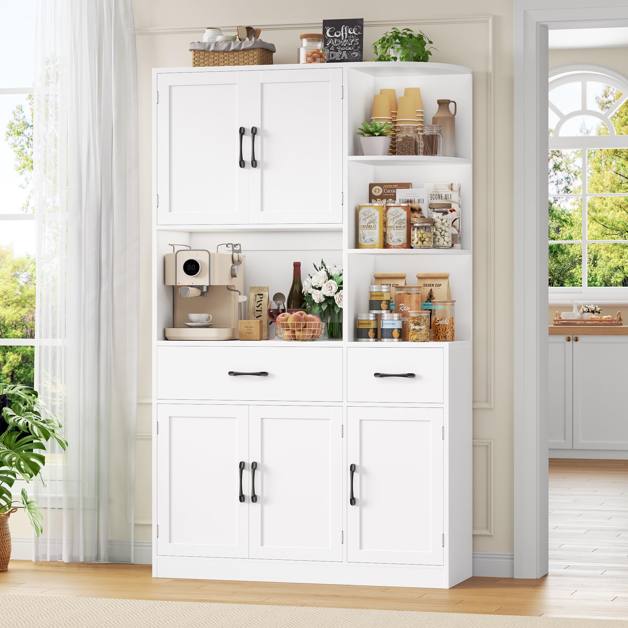 HOCSOK Buffet Cuisine, Haut Armoire de Cuisine, Vaisselier avec Plans de Travail et 2 Tiroirs, Étagère d'angle 3 Niveaux, 5 Türen, Étagère à Micro-Ondes, Meuble de Rangement pour Salle à Manger Salon
