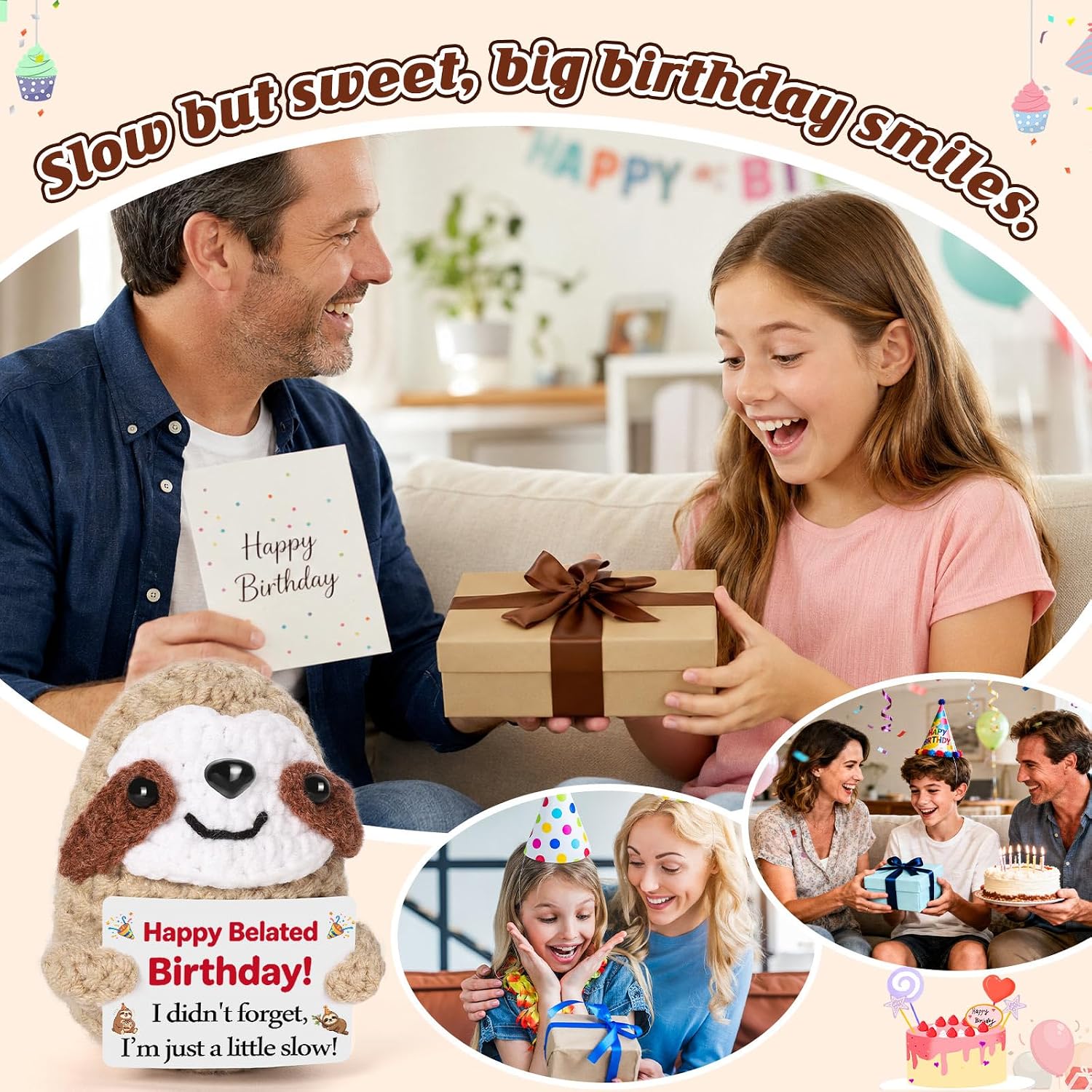 MBL Belated Birthday Gifts for Women - Gag Funny Crochet Sloth with Cards Happy Belated Bday Decorations Gifts Ideas for Men Him Her Teen Girls Boys Daughter Son Sister Best Friend