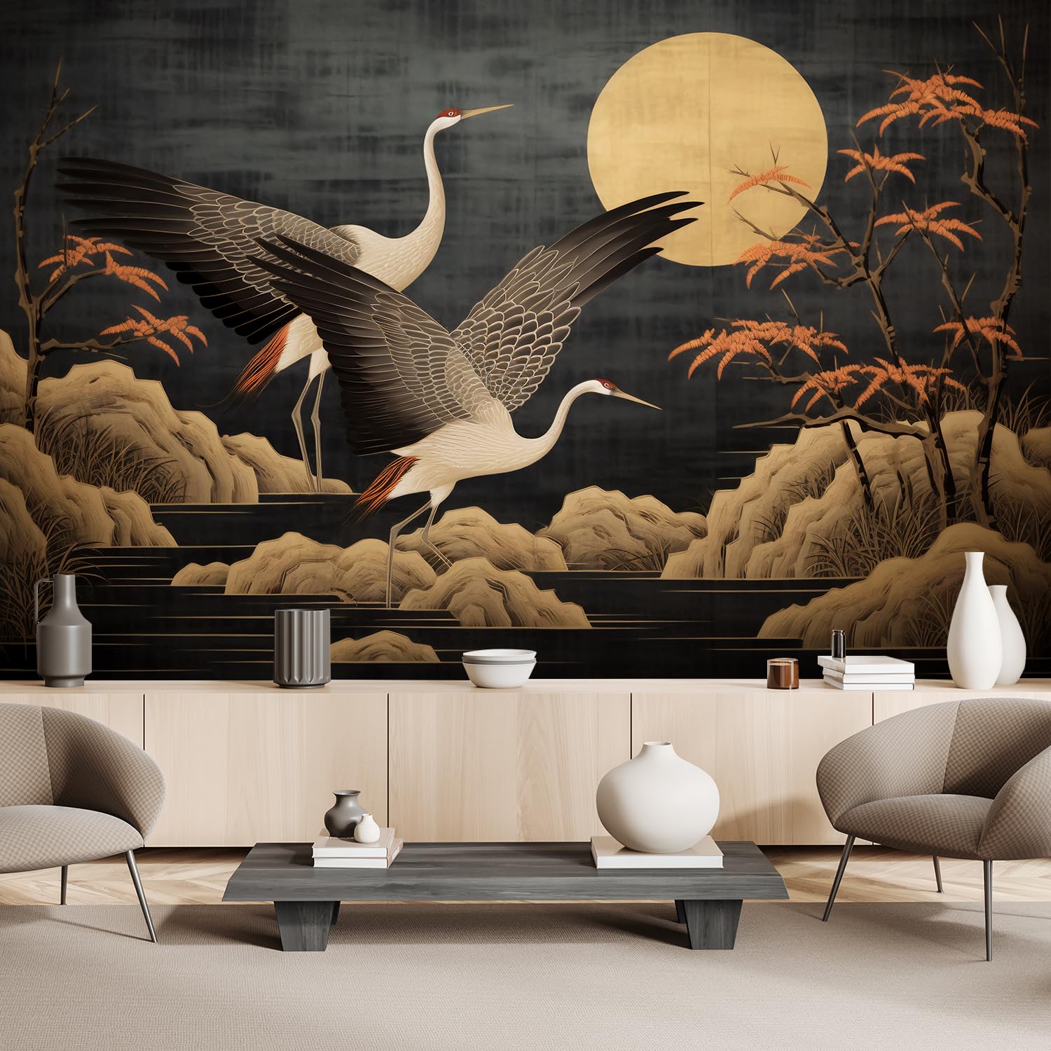 Feeby Fototapete Natur Reiher Blumen 400x280 cm mehrfarbig XXL Vlies Wandtapete Tapeten Wohnzimmer Schlafzimmer Jugendzimmer Moderne Design Wandbild Wand Dekoration Vogel AI Botanik