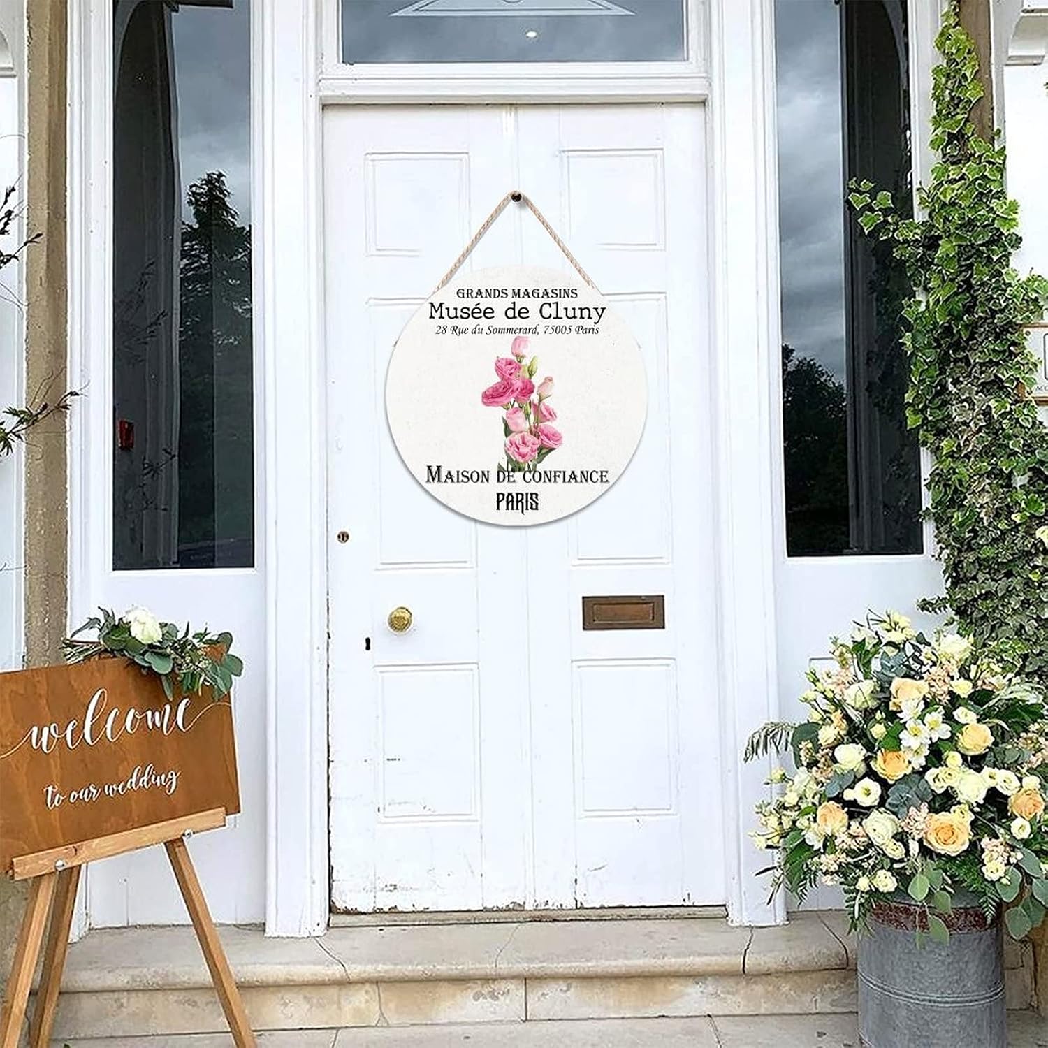 Vintage Flower Wood Door Sign, Custom Calligraphy Front Door Round Wood Sign, 16x16in Old Paper Textures Wall Hanging Sign Plaque Farmhouse Backyard Door Hanger Wall Decor Housewarming Gifts
