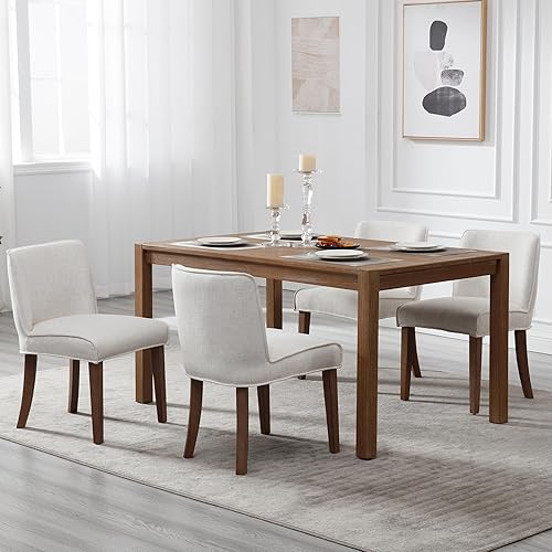 Miniatura 4 de chairus Juego de 4 sillas de comedor de granja, cómodas sillas de cocina tapizadas de tela de lino, sillas de comedor de madera marrón nogal, para