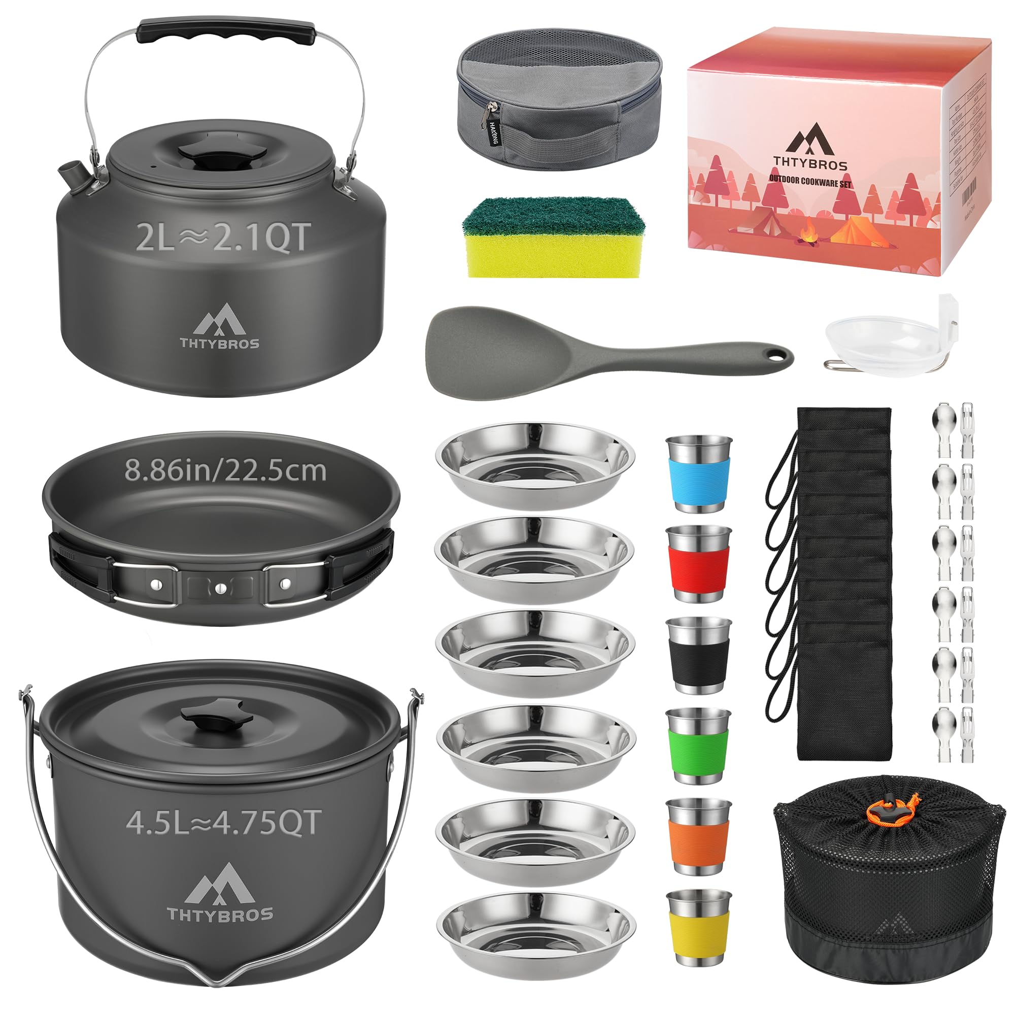 THTYBROS 43-teiliges Aluminium Camping-Set für 6 Personen mit Topf, Wasserkocher, Pfanne & Geschirr für Outdoor