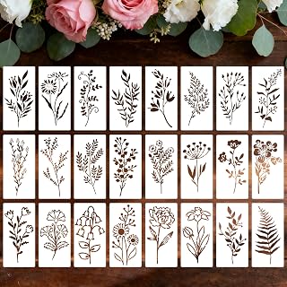 24Pcs Flower Stencils, Floral Stencils for Painting on Wood 5.9 x 2.59 Inch Flower Stencil for Crafts Reusable Plastic Flowers Leaf Drawing Stencil on Window Door Wall DIY Home Decorations