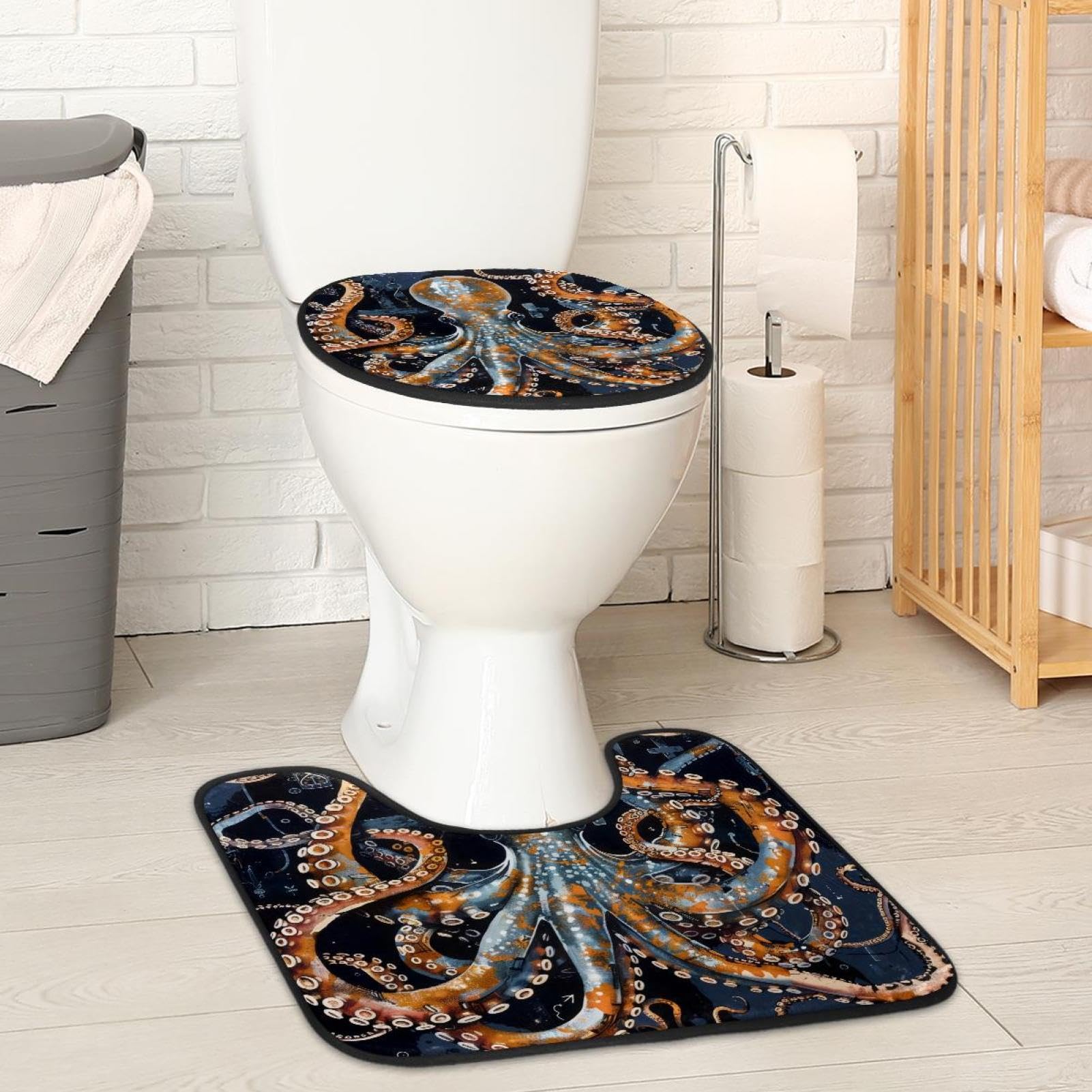 MUOOUM Toilet Lid Cover and U-Shaped Toilet Floor Mat Set of 2 Pieces, Octopus Anchors Painting Toilet Mat Set, Machine Washable Seat Covers Non-Slip Absorbent Rugs