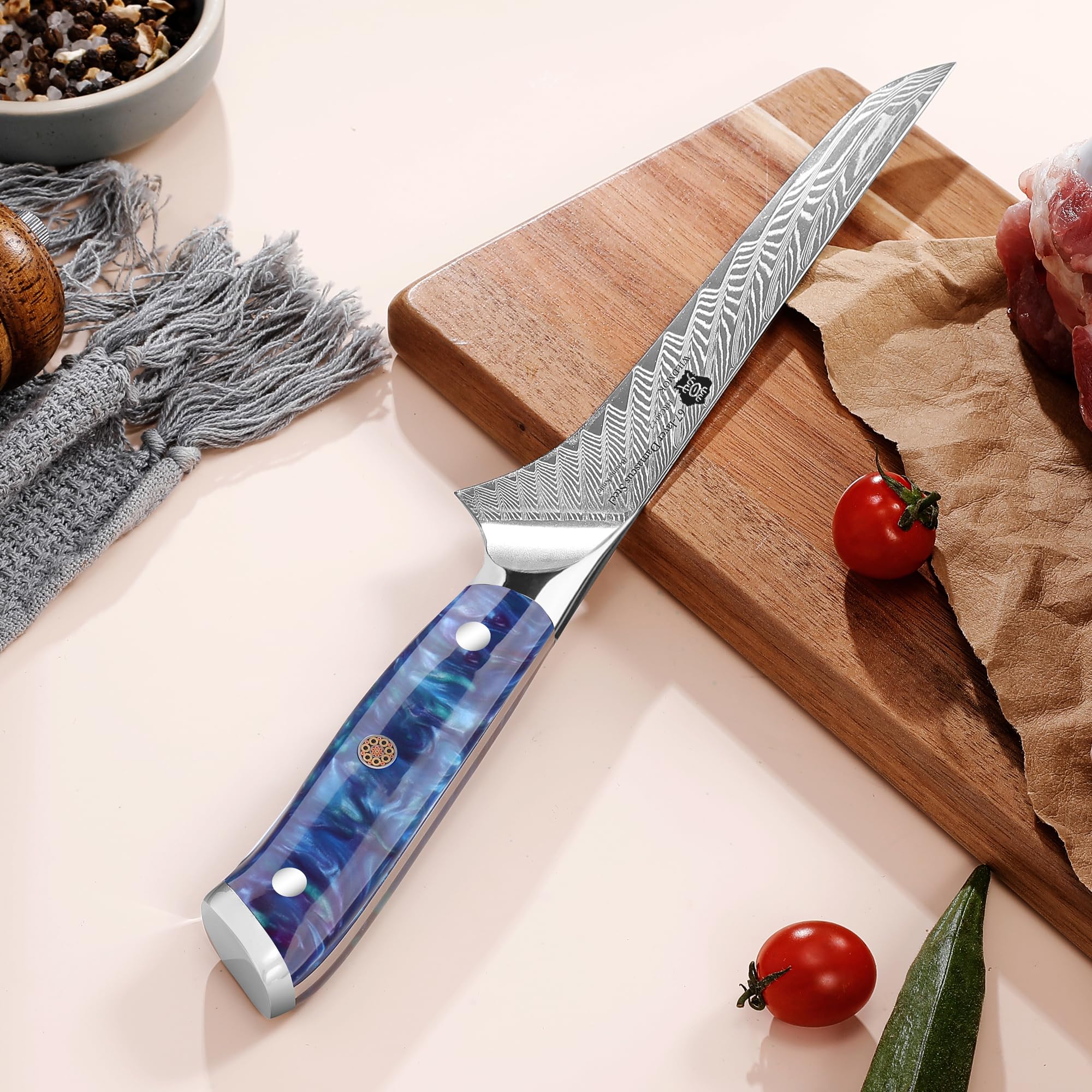 WILDMOK Damascus Boning Knife, 7 inch Super Sharp Fillet Knife, Japanese Damascus Steel, Full Tang Resin Handle, Includes Gift Box — Amazon image 7