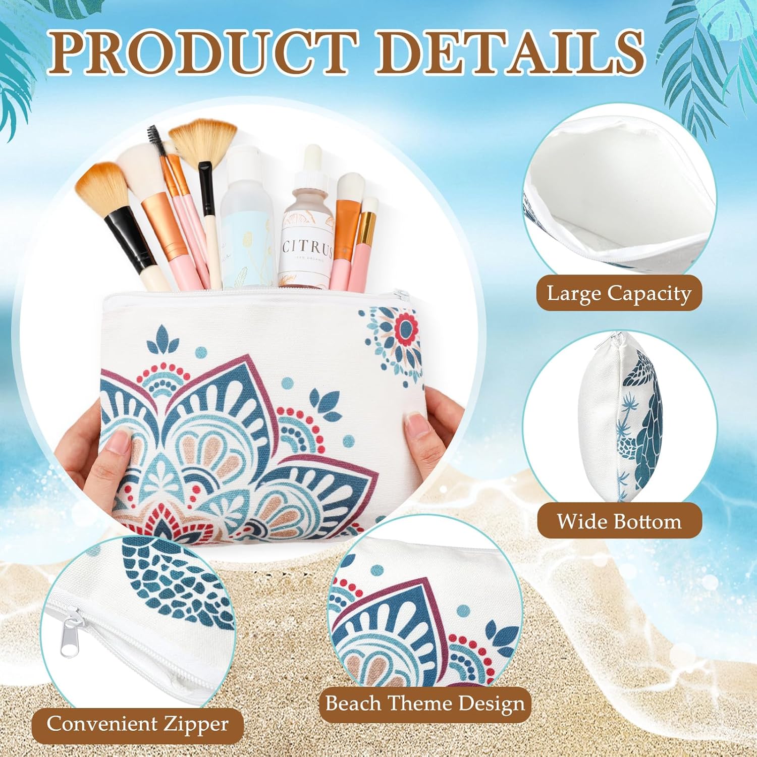 Kacctyen 10 Pcs Beach Makeup Bags Bulk Zipper Pouch Canvas Beach Themed Cosmetic Bag for Women Cruise Ship Essential Sea Summer Vacation Organization Cruise Party Favor Bridesmaid Wedding(Multicolor)
