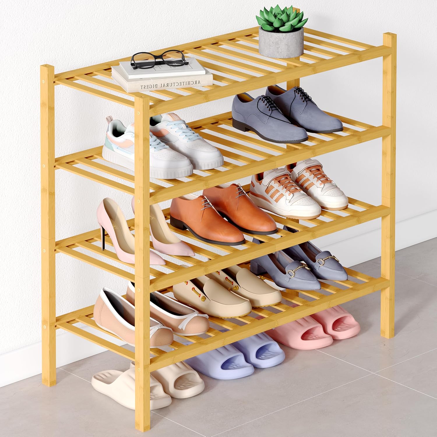 Smiry Bamboo Shoe Rack for Closet, 4 Tier Wooden Stackable Shoe Organizer, Free Standing Shoes Storage Shelf for Entryway, Front Door Entrance, Natural Natural 4 Tier - Medium