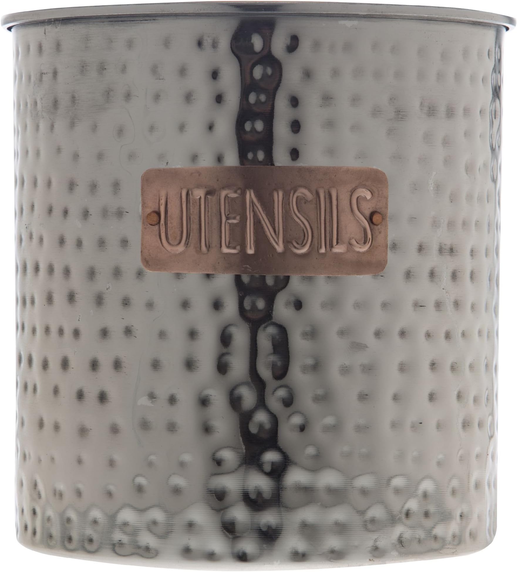 Hammered Nickel Utensil Crock with Embossed Brass Label