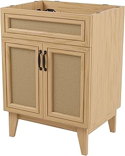 JONATHAN Y VAN1009A Javer 24 in. W x 18 in. D x 33 in. H Rattan Modern Farmhouse 2-Shelf Bath Vanity Cabinet Only (Sink Basin not Included), Oak