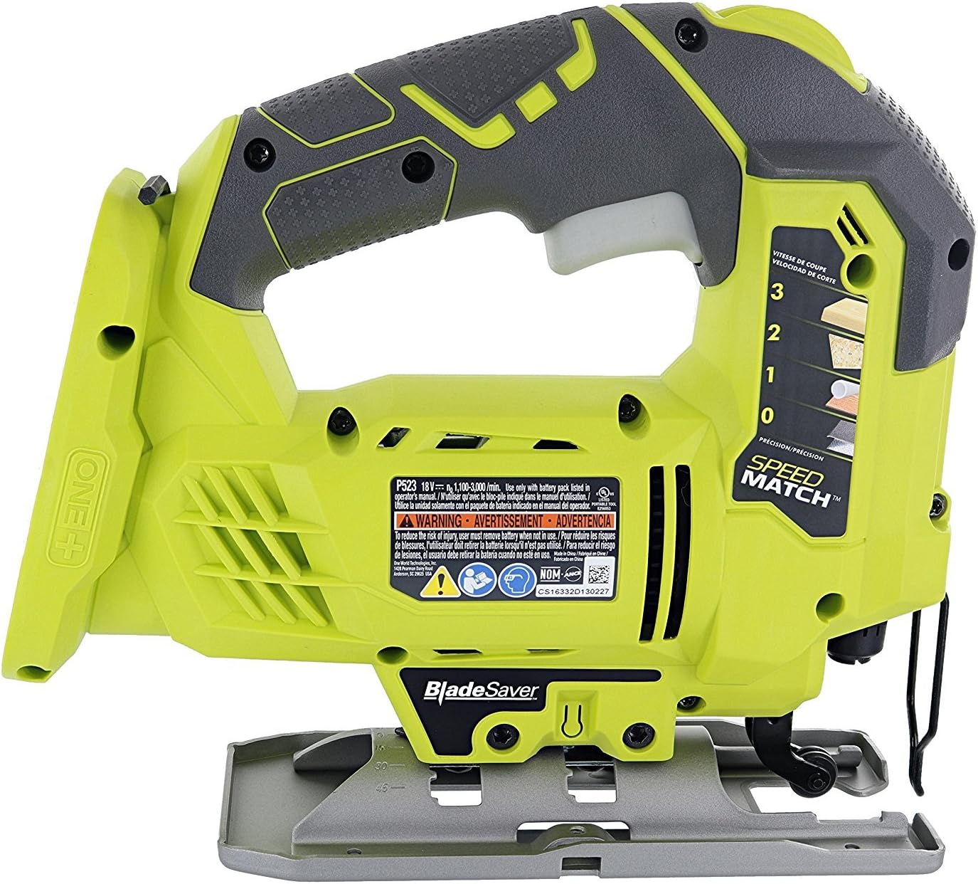 Ryobi One+ P523 18V Lithium Ion Cordless Orbital T Shank 3,000 SPM Jigsaw (Battery Not Included, Power Tool and T Shank Wood Cutting Blade Only)