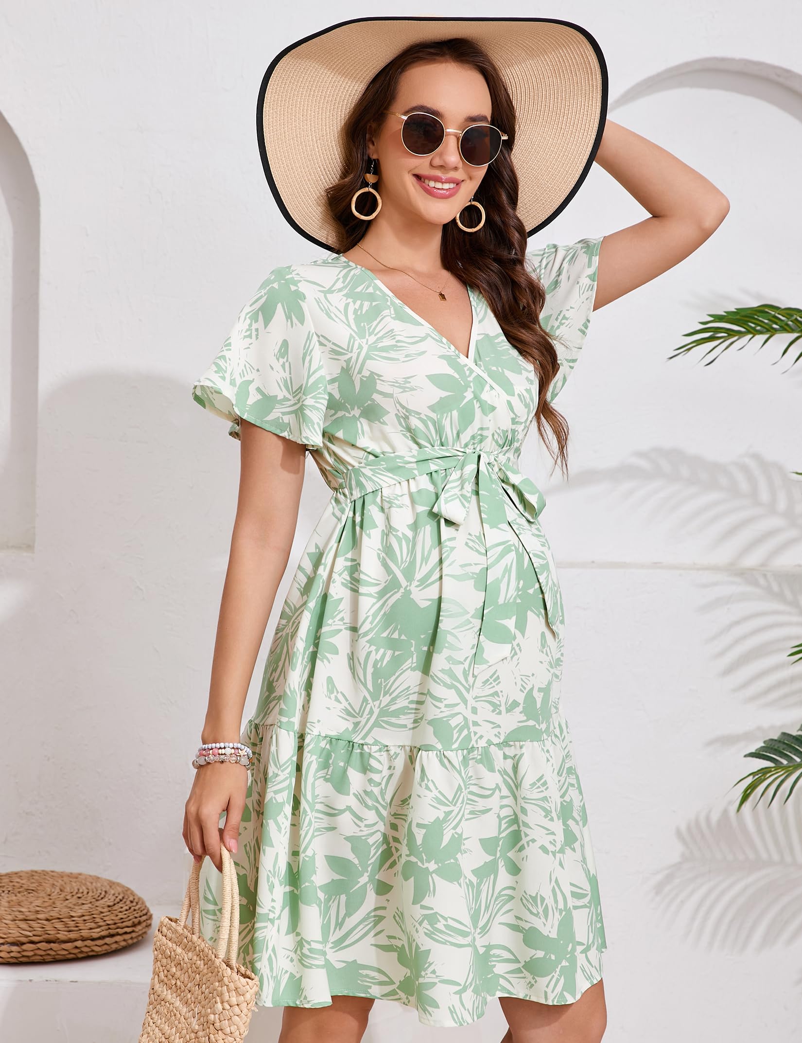 YesFashion Damen Umstandskleid Sommer V-Ausschnitt Stillkleid Kurzarm Elegant Schwangerschaftkleider Umstandsmode Kleid mit Gürtel(Verpackung MEHRWEG)