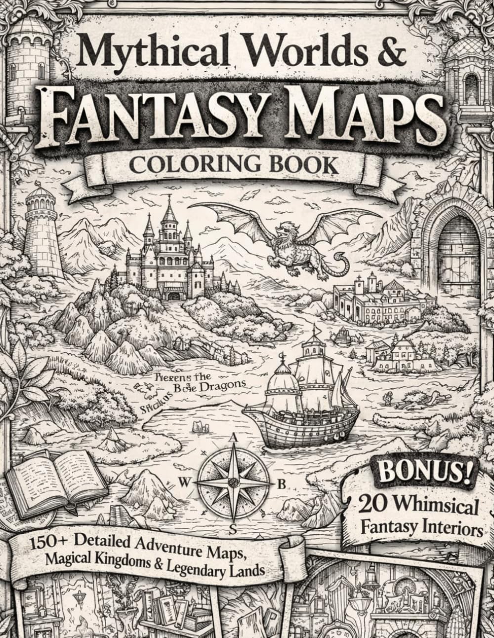 Mythical Worlds & Fantasy Maps Coloring Book for Adults: 150+ Detailed Adventure Maps, Magical Kingdoms & Legendary Lands | Bonus 20 Whimsical Fantasy Interiors (8.5x11)