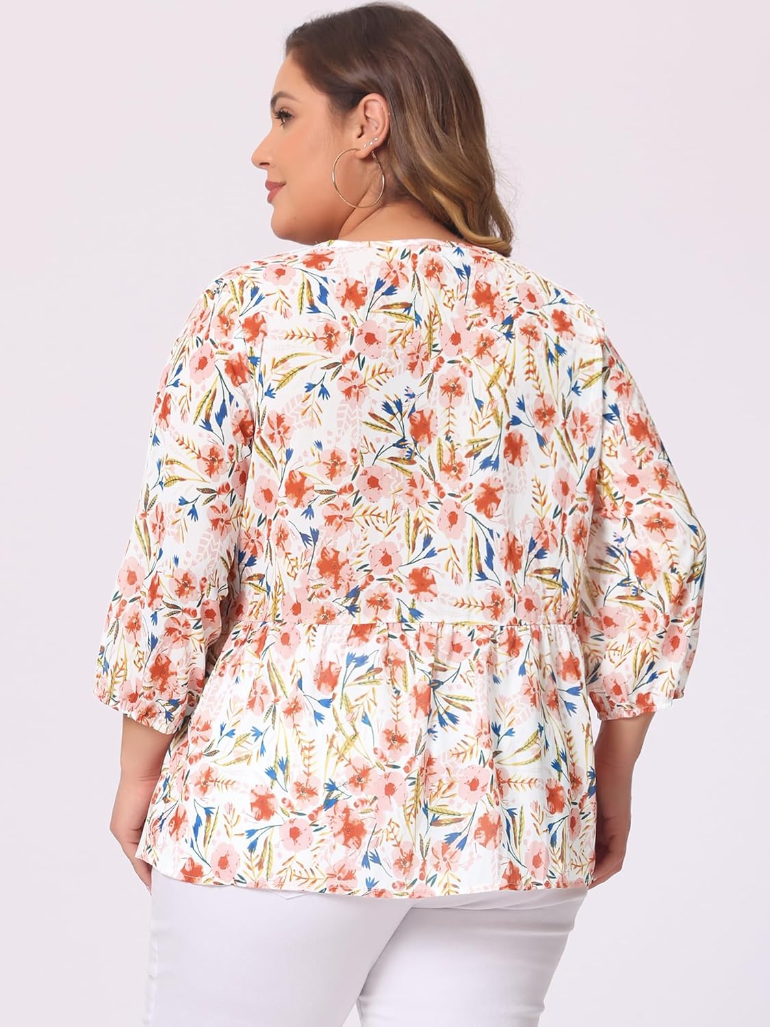 Agnes Orinda Women's Plus Size Tops V Neck Babydoll Flowy 3/4 Lantern Sleeve Floral Spring Summer Blouses - Image 4