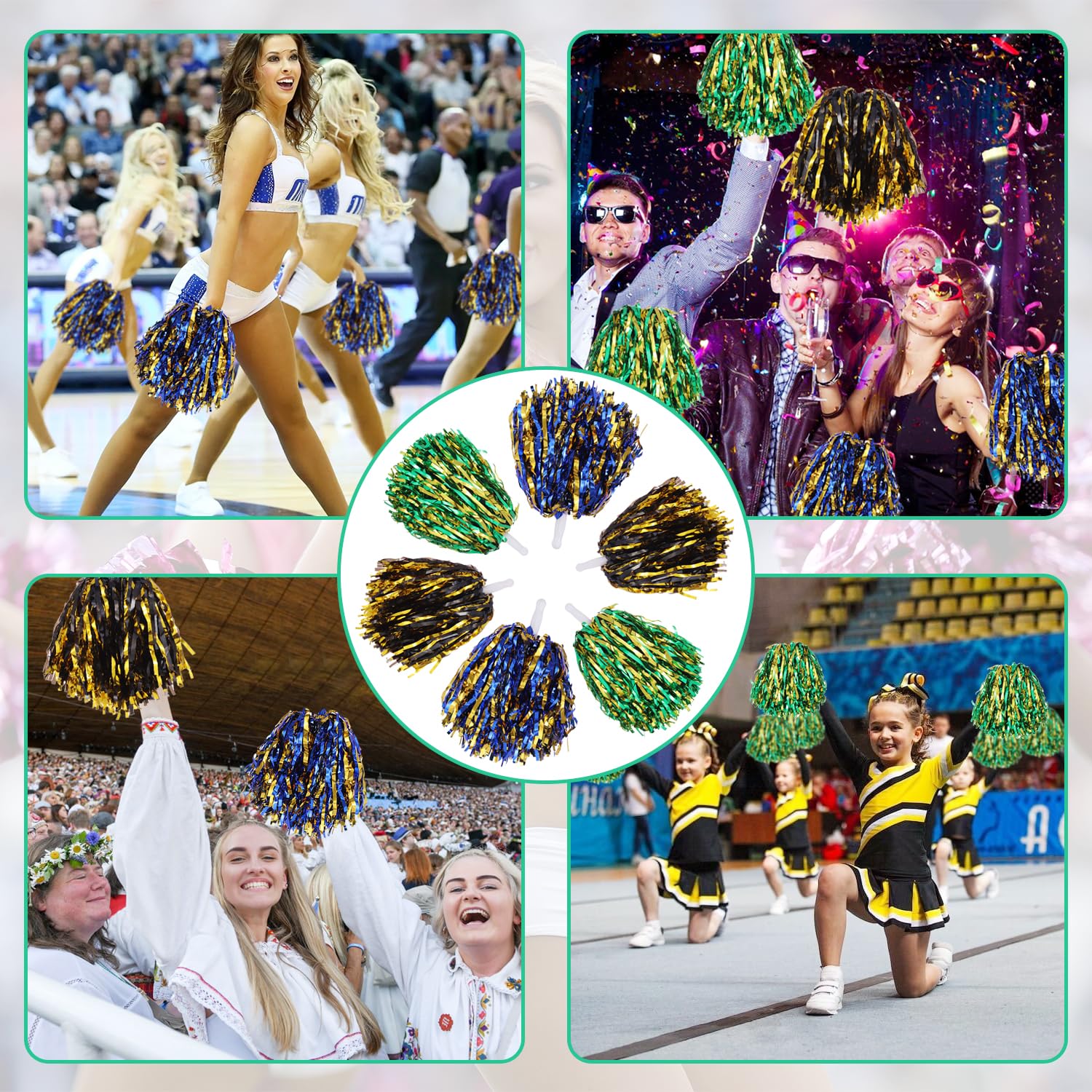 Pompons da cheerleader, palline colorate per tifosi con manico, adatte
