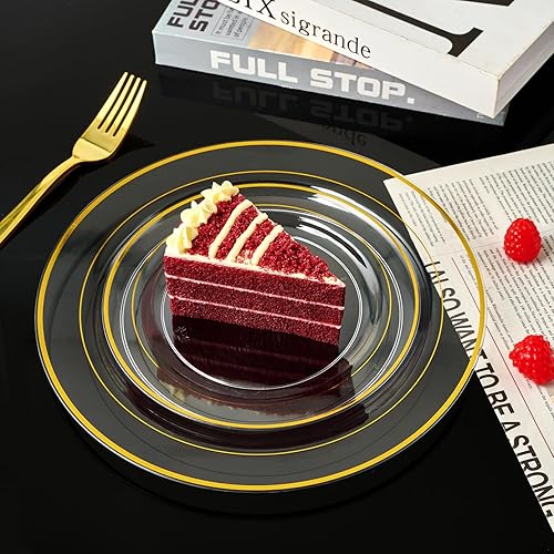 Miniatura 7 de FOCUSLINE 100 Count Clear Gold Plastic Plates 10 Inch, Disposable Heavy Duty Clear Plates with Gold Rim, Premium Hard Plastic Plates Fancy