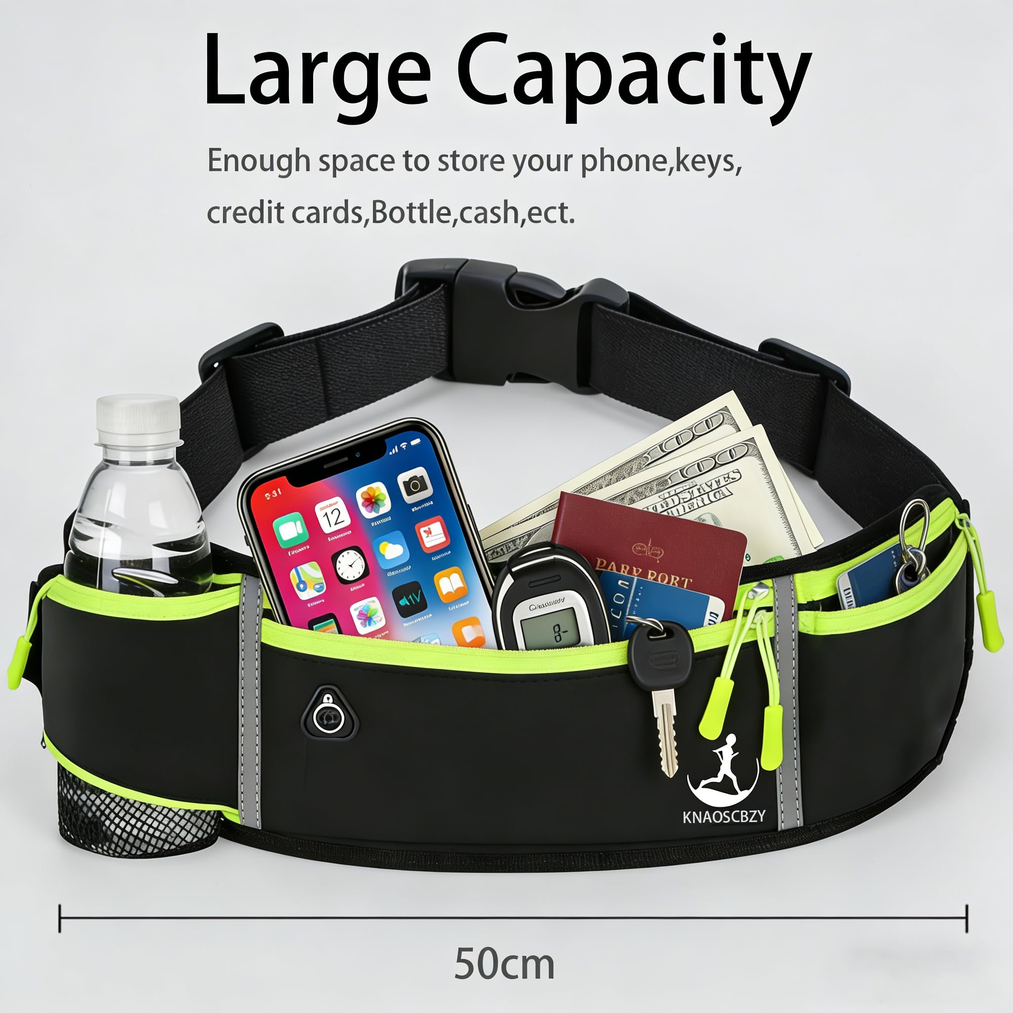 Riñonera ajustable de 4 bolsillos para correr, ligera, sin rebotes, para iPhone, gimnasio, maratón, ciclismo y entrenamiento, Negro -, Adjustable, Cinturón de fitness para correr