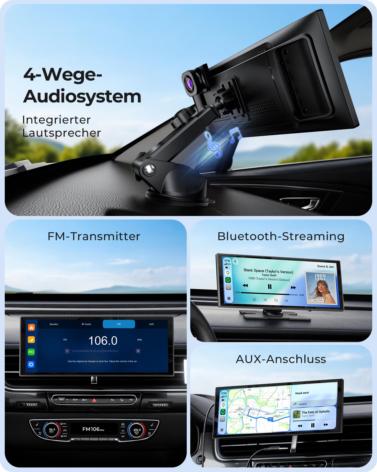 10,26" Drahtloses Tragbarer 60FPS Car Play Display mit 4K Dashcam Vorne HD Hinten für Apple Carplay & Android Auto, 1920 * 720 Laminiertes Tablet mit GPS Navigation Bluetooth Mirror Link