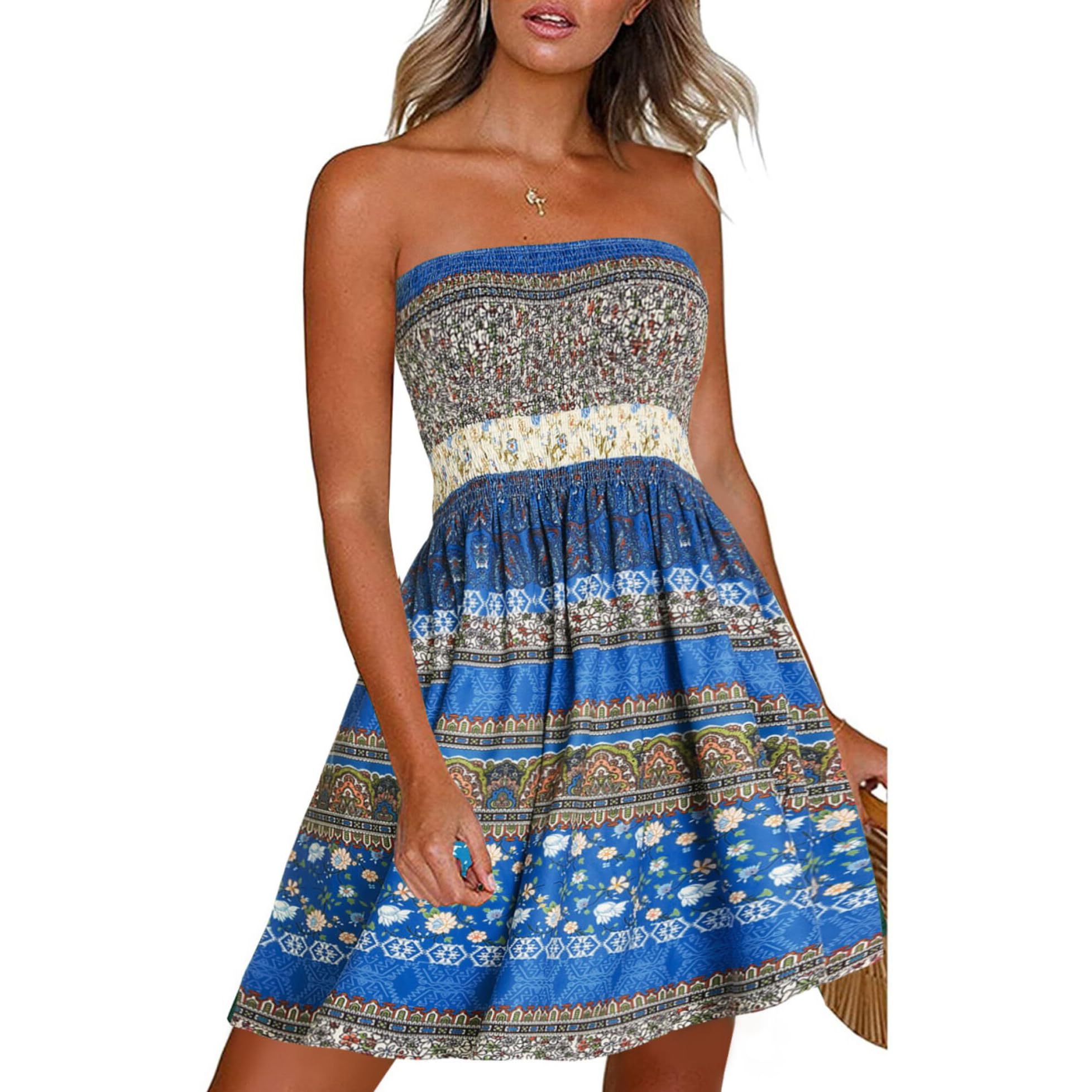 Gosunny Damen Sommer Kleider Schulterfrei Ärmellose Freizeitkleid Bandeau Bikini Cover Up Elegant Strandkleider Kurz(Blau Geblümt,S)